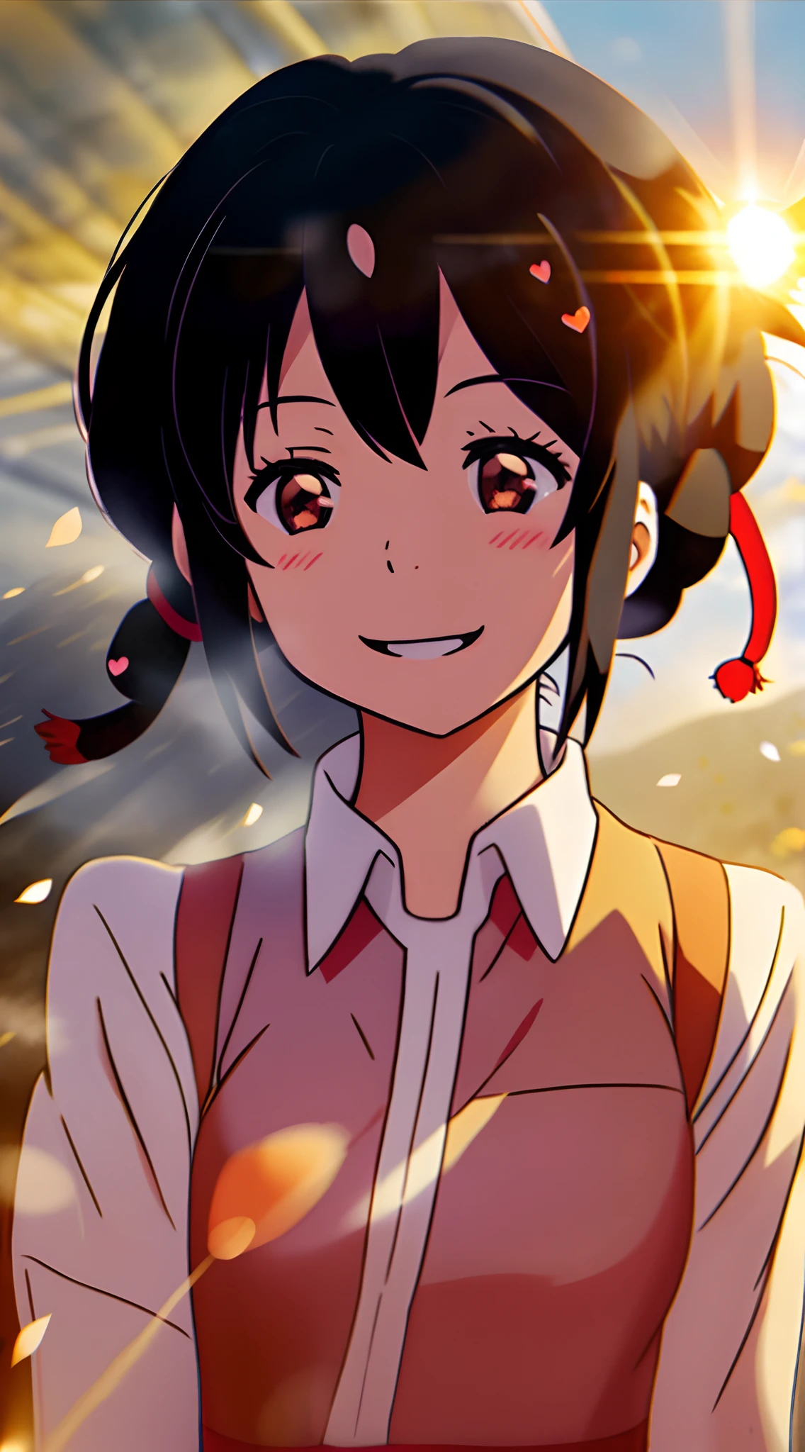 a girl, (mitsuha miyamizu), black hair, half body, uniform, upper body, smiling (Teeth visible:1.1), (wide open eyes:1.1), closed eyes, sun glare, bokeh, Hair ribbon, depth of field, blurry background, light particles, strong wind, (heart particles:1.1)