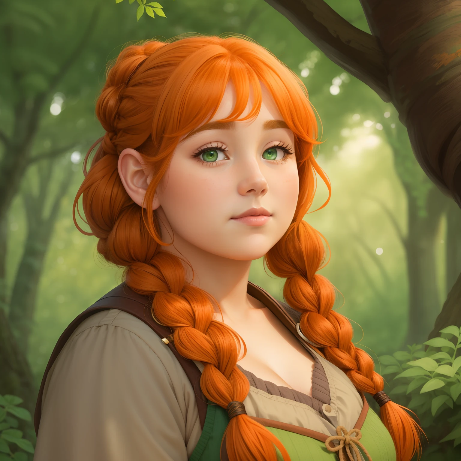 a female chubby druid dwarf with orange hair tied in two braids, gentle green eyes, rosy cheeks, vest with long sleeves