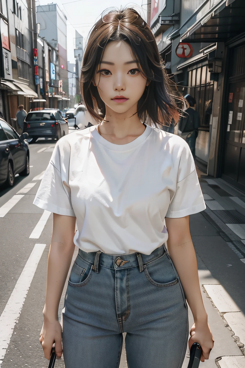 masterpiece、top-quality、top-quality、raw、A hyper-realistic、(Urban cityscape)、(((Woman with a Japan who is not cute)))、(((Please wear a plain white T-shirt all over your body.)))、((whole body visible))、(standing straight ahead)、((T-shirt is out of pants))、Wearing jeans、short-cut、ighly detailed、colourfull、highestdetailed