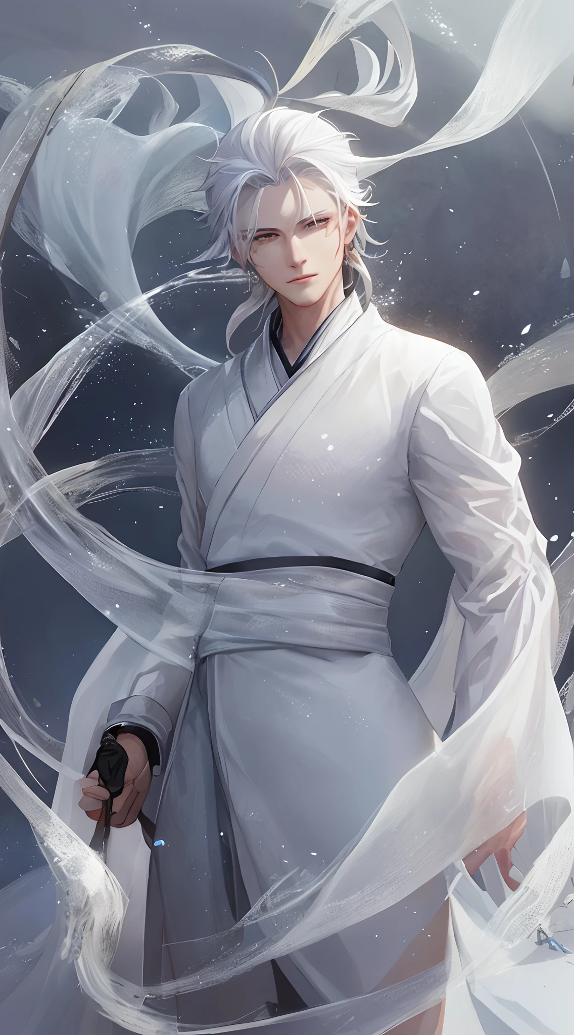 Close-up of a man in a white dress holding a sword，a character portrait by Yang J，The popularity of CGsociety，Fantasyart，beautiful character painting，Guviz-style artwork，Guvitz，white hanfu，flowing white robe，full-body wuxia，epic exquisite  character art，stunning character art，Cold male assassin
