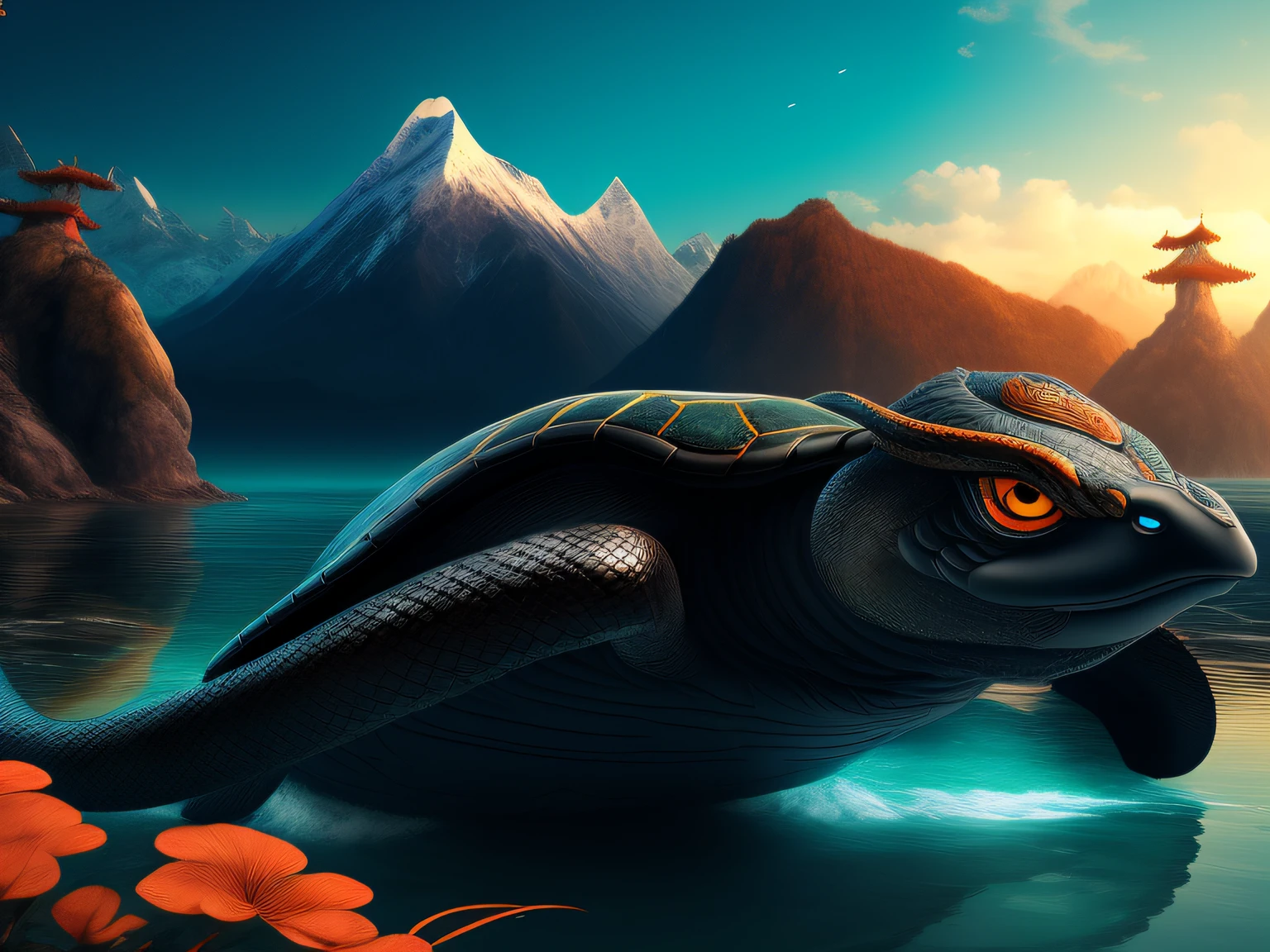 tmasterpiece,CG animation in 8K resolution,absurd res,Inspired by the Classic of Mountains and Seas,Chinese mythology and stories,mythological creatures,The black turtle has the head of a bird and the tail of a snake