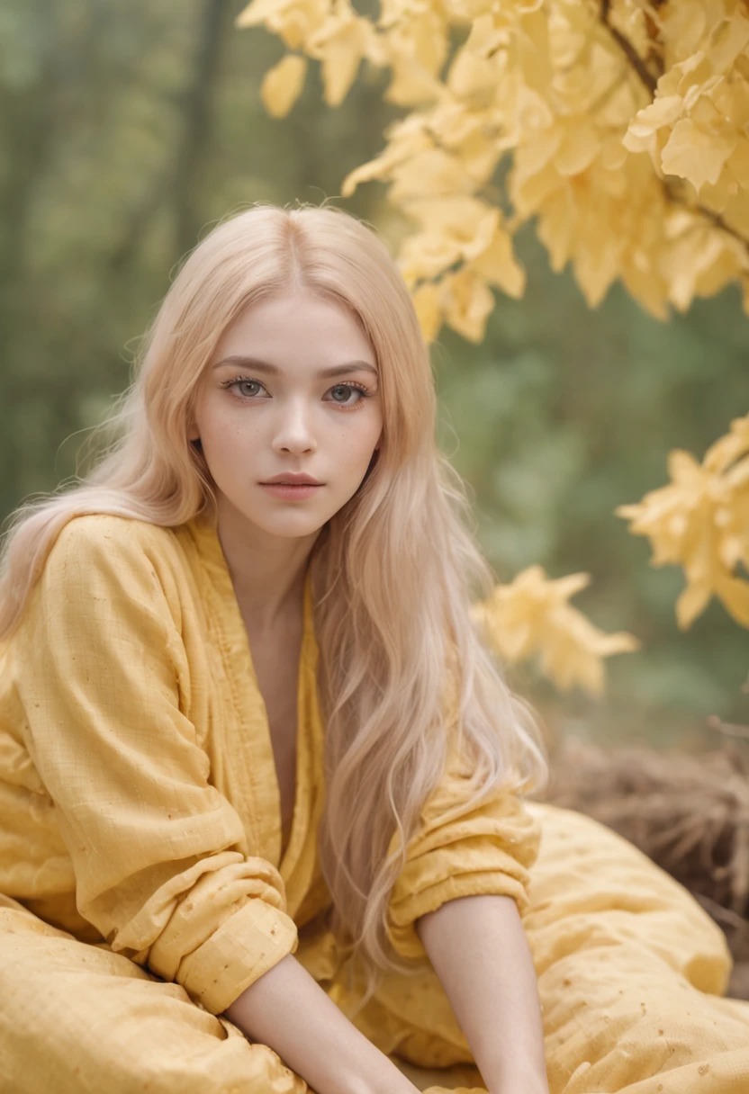 Photograph of a beautiful girl in her 20s in plain pajamas on a long yellow cloth, Sitting on a log in a misty forest, Abundant yellow hair, Bushy bangs, Sparkling and beautiful eyes, Symmetrical beautiful face, Cute and innocent face, without makeup, Unadorned, film grain, Dreamy photos, Concept photo, Emotional photography, Film Photography, photograph realistic, realisitic, Sharp focus, 14K, highly detaild, CG Society, ultra-definition, Very fine grain, Dusty photos, Grain Filter
