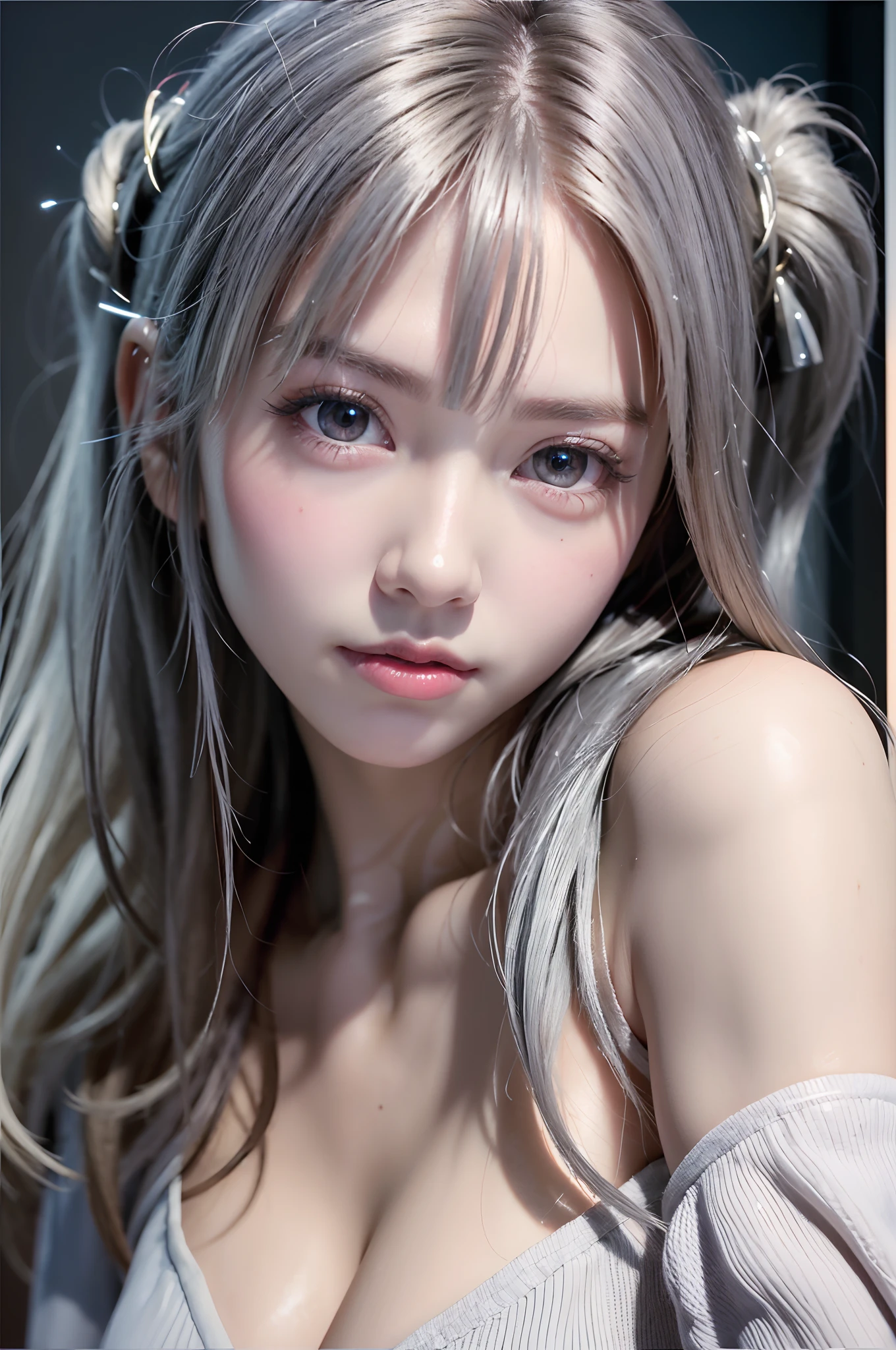 (ultra high definition, 8k, masterpiece: 1.3) ((long gray hair)) ((pale skin)) ((black lips)) A sweat-soaked body shining with moisture, She is surrounded by penises and the background is a cocks,depth of field, fish eye lens, highest detail, from above,