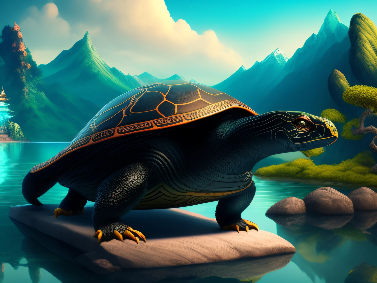 tmasterpiece，CG animation in 8K resolution，absurd res，Inspired by the Classic of Mountains and Seas，Chinese mythology and stories，mythological creatures，The black turtle has the head of a bird and the tail of a snake