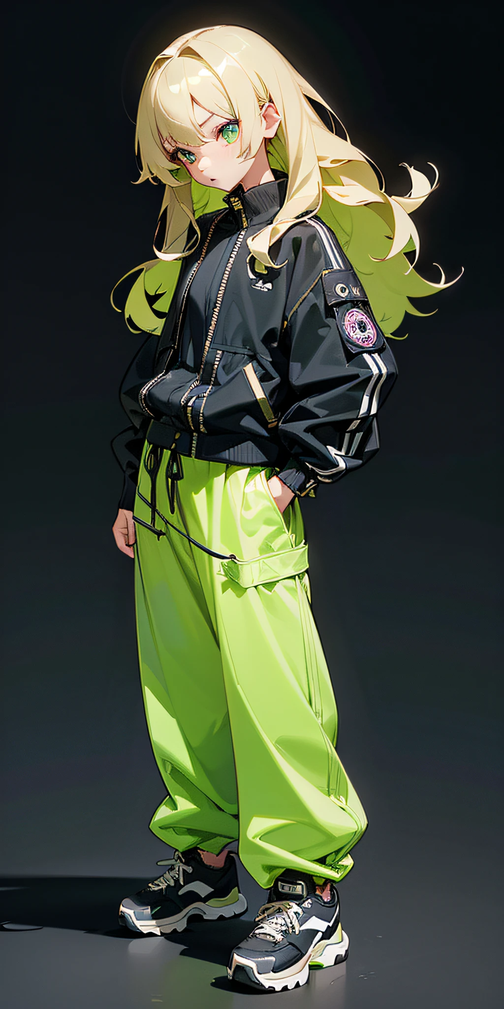 (((1 girl, Solo, Alone))),Look away, Not looking at the camera,((Authentic textures,Realistic lighting)), (((solid black background))),(((Anime style, quadratic element, Simple Color Scheme))), , (Natural posture, Full body, Standing, Natural posture, upright posture), ((((Emphasis on image quality, top-quality, 8K, masterpiece, Ultra High Resolution)))), (crisp lines, Crisp Contours, Clean lines),((Anime, big eye, Deformation, Cute, Anime Character, It features a simple, Eye Highlight, Simple little nose, Less hair highlights, smooth lines)), (shoulder-length hair, Hair color:Lime green, Wavy Hair), ((Please wear a black coach jacket、Please wear baggy pants and sneakers、punk fashion )), (boyish, Serious, Cool),、 Realistic and ultra-realistic realistic 3D、Zentangle、
