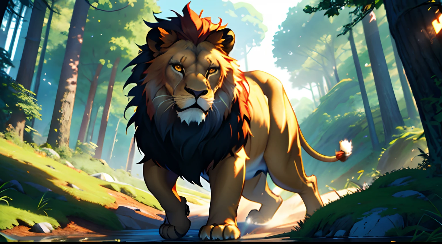 Masterpiece, best quality, 8k resolution, cinematic lighting, a lion run , monkey up the lion , forest