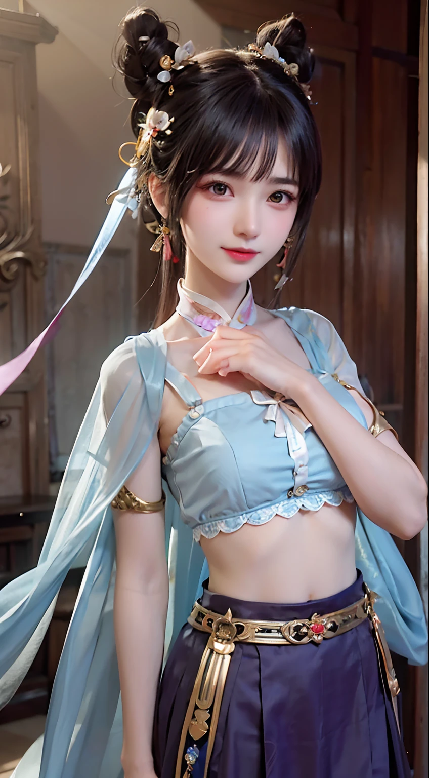 A woman in a blue blouse and skirt poses for a photo, Anime girl cosplay, full-body xianxia, Inspired by Lan Ying, a beautiful fantasy empress, Anime cosplay, Keqing from Genshin Impact, Anime goddess, zhongli from genshin impact, trending on cgstation, Gorgeous Role Play, Palace , A girl in Hanfu, cosplay