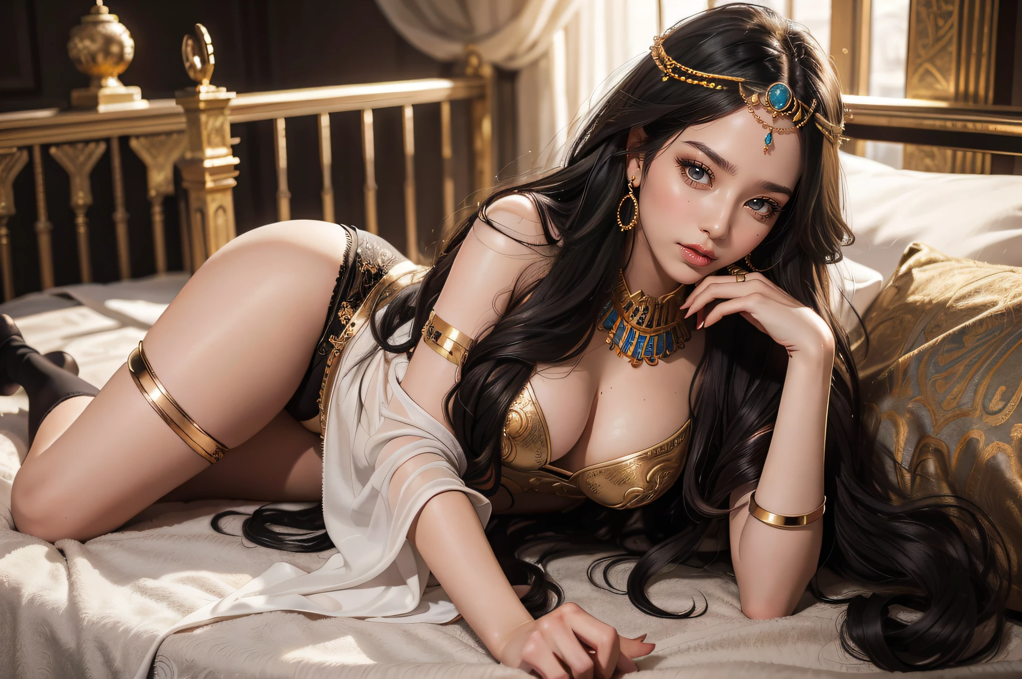 High-quality work,8K HD photos,Best Female Artwork 10x Pixel Enhancement,very high res,highly detailed work,Clear and authentic work,Very detailed CG wallpaper,Clear focus:1.5,Natural dimming,Studio dimming,A 21-year-old college student,female supermodel,Face description:Melon seed face,Ancient Egyptian female face,Features of ancient Cleopatra,The face of the queen of ancient Egypt,Ancient Egyptian female details,Ancient Cleopatra has deep black hair,Premium hair details,Clear hair texture:1.1,Enchanting eyes,二重まぶた,Fox eyes,Light red binocular eyes,Advanced eye details:1.1,putting makeup on:Eye makeup,Gold eye makeup:1.1,Sexy and beautiful big red lips,Seductive lip shape,Superb lip detailing:1.1,Highly detailed and clear facial details:1.1,Perfect goddess face:1.1,Body shape description:Supermodel figure,Model body type,Perfect body proportions:1.3,Advanced model body details:1.1,Top goddess figures:1.1,blackstockings,Covered with black stockings,Lace sexy pajamas,With earrings,In ancient palaces,Lying on a bed in an ancient Egyptian palace,Lie down in bed,fully body photo,Photo photo of superb stockings,Best Black Stocking Artwork,3D HD photos,Realistic and realistic graphics,(Premium black stocking detail:1.1)(Advanced skin details:1.1)(Moisturizes skin details:1.1)(Goddess temperament details:1.1)