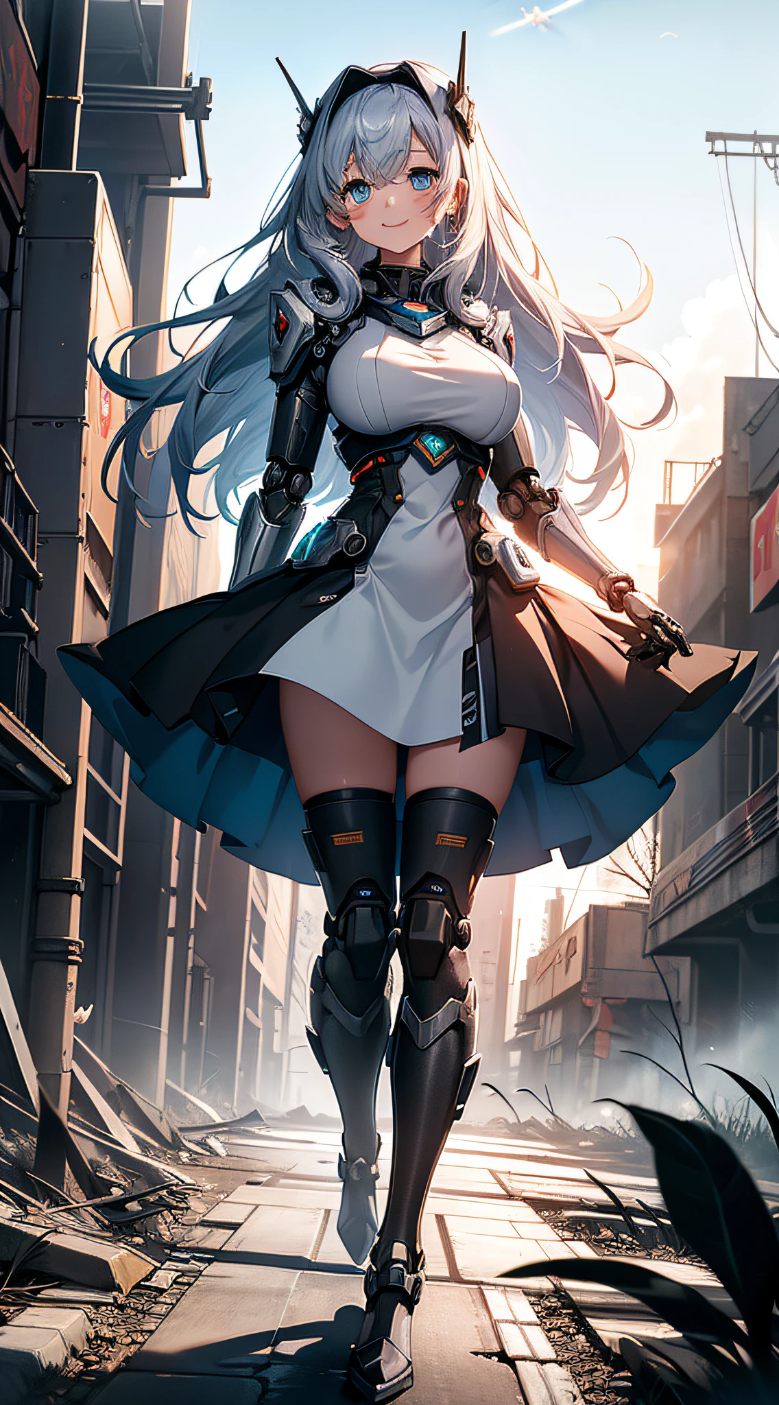 top-quality、Top image quality、masterpiece、Mecha Girl((18year old、Mechanical parts、Robot joints,Black tights,Bust 100、silber hair、Fly towards the viewer、Breasts wide open,Large valleys、Reaching out、Blue eyes、Smiling face、Dye cheeks、Mechanic Sword in Right Hand))hiquality、depth of fields、Background with((World of the Apocalypse))、Depth((planet earth))
