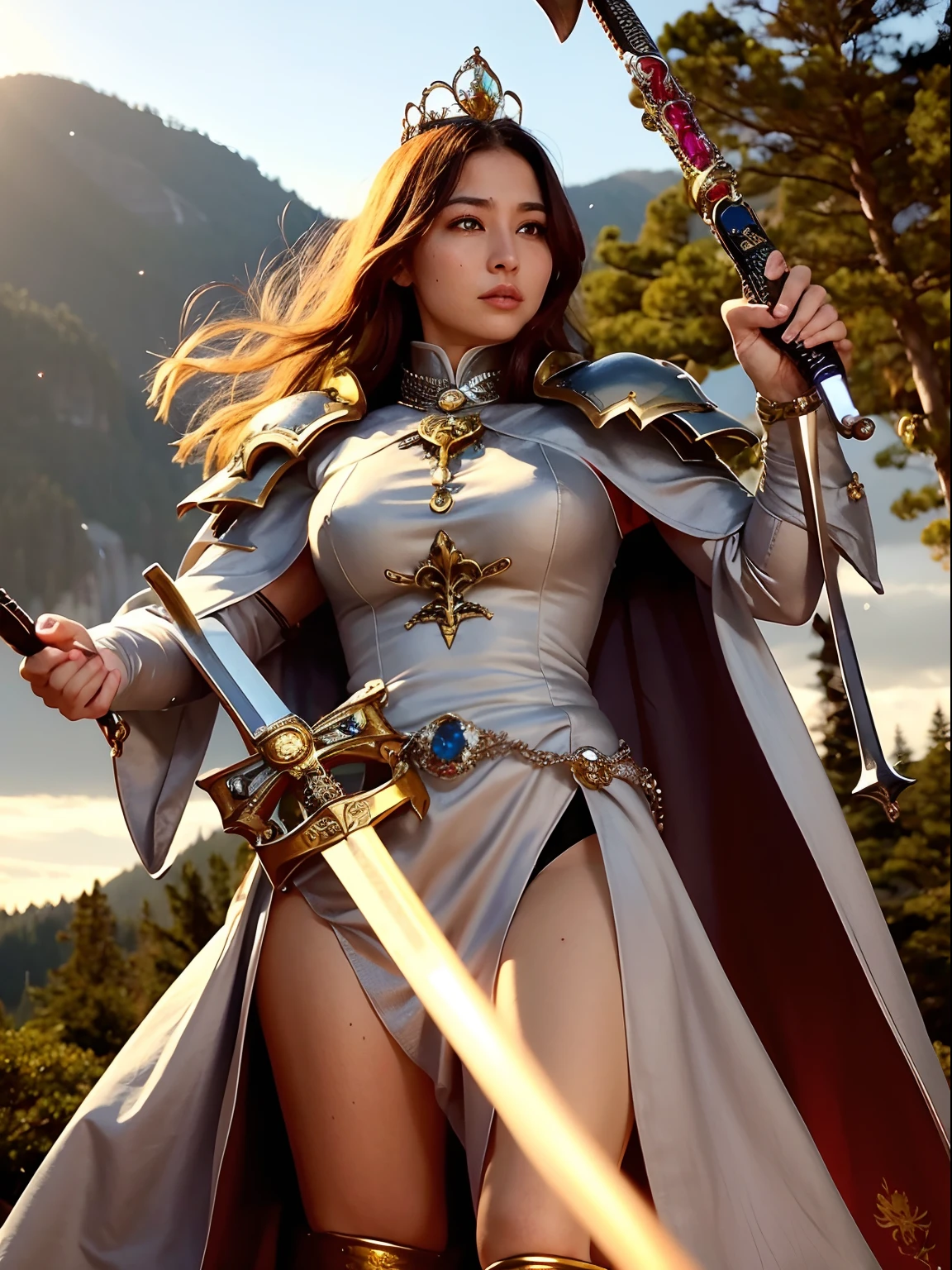 Professional , masterpiece、top-quality、photos realistic , depth of fields (Gemstone Silver Metal Body:1.9),(Matte Silver、Jewel Gold Weapon、(Gorgeous castle background)、Holding the Sword of Heroes、(Jewel White Metal Body:1.4),((Gorgeous Jewel Metal Weapons)) , Fighting、((Holding the Sword of Heroes)) ,(close-up,dream magical,tornado ) ,(Micro Bikini Armor),warhammer 40k , adepta sororitas,Detail and ornate jewel crown、Brown hair、Mystical expression、(Gangle's forest background)、1a person、dynamic ungle,(((Diamond tiara with detail and luxury)))、a small face、A smile、Powerful poses、(Gorgeous castle background)、huge filesize、20 year old beautiful woman、Stand in the center of the screen、Thin female fingers、Straight long hair、Beautiful Caucasian beauty、Mystical expression、Lightly open your mouth、,Luminescent particles,light scattering,Tindall Effect、Fighting、Twin tail hair、