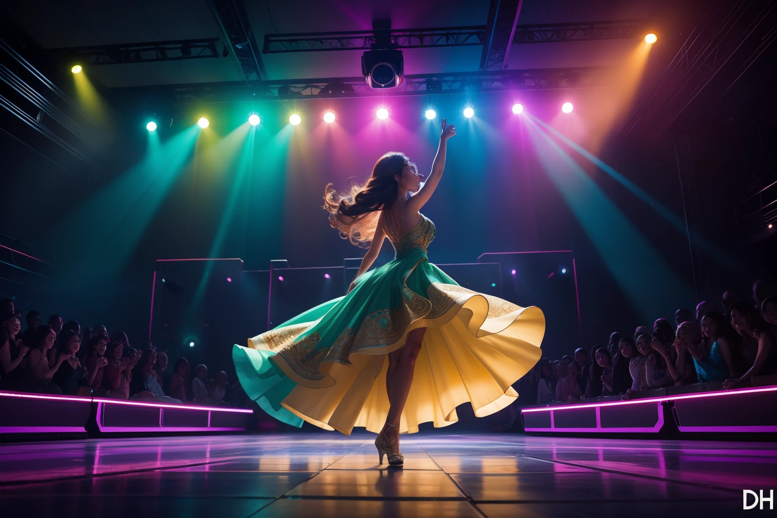 gorgeous woman dancing on the stage, wearing elegant dress, vibrant colours, full body shot, crowded audience watching from the ground, under neon lights and sparkling lights, colourful smokes and lights in the air, cinematic lighting, dramatic lighting, dynamic pose, intricate details, hyper realistic, exquisite masterpiece, captured using DSLR camera, high angle shot, drone shot, UHD, 32k