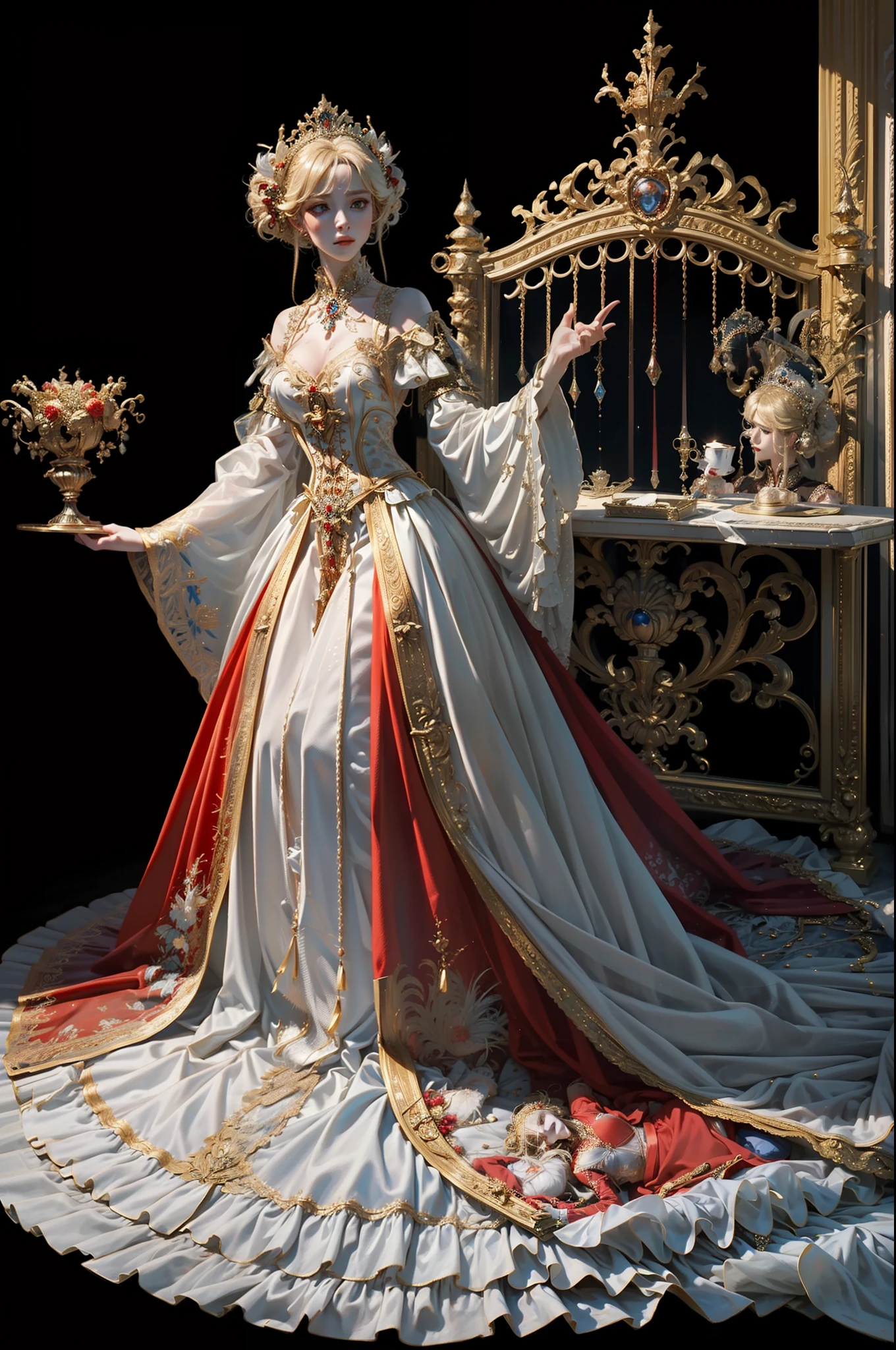 ((top-quality、​masterpiece、photographrealistic:1.4、in 8K))、Blonde Beauty、delicate and beautiful face、（Luxury red dress in medieval European style、Princess）、Luxury accessories、European-style castle、Cinematic lighting、Textured skin、Super Detail、high detailing、High quality、hight resolution