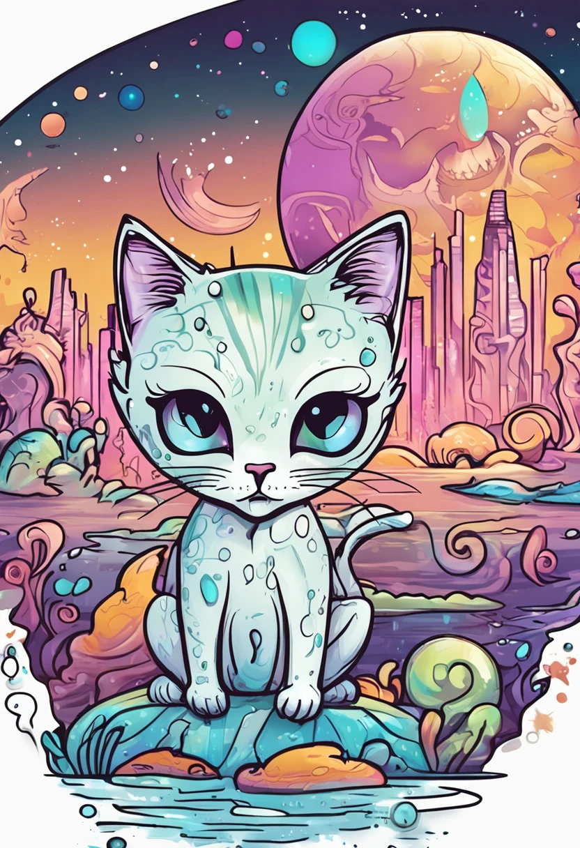 Cute stickers Cat alien iridescent eyes I have a cute tattoo thick linework Children's stickers Old Surf Style