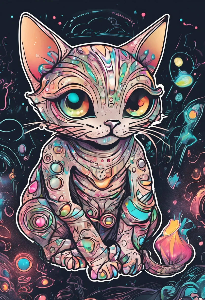 Cute stickers Cat alien iridescent eyes I have a cute tattoo thick linework Children's stickers Old Surf Style