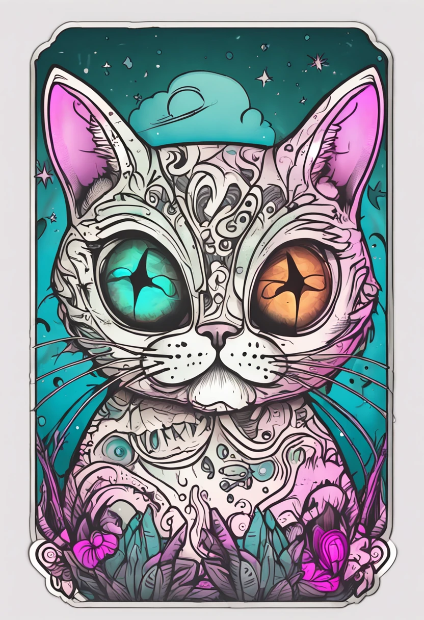 Cute stickers　Cat alien　iridescent eyes　I have a cute tattoo　thick linework　Children's stickers　Old Surf Style