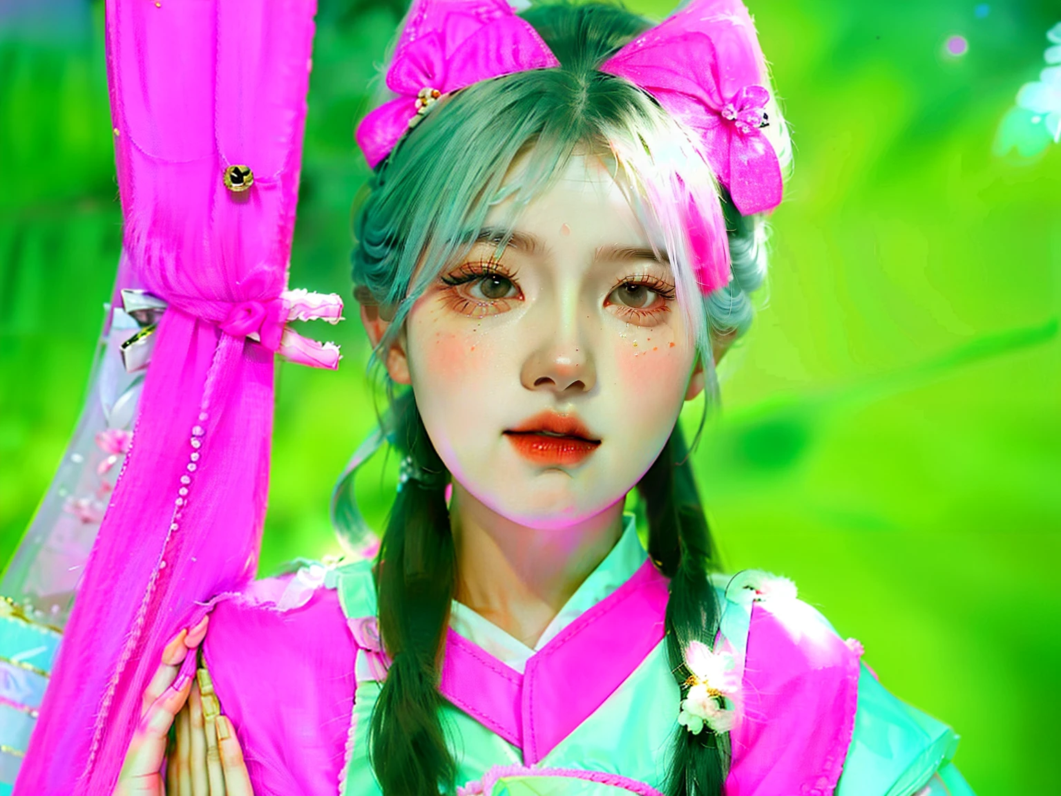 A pink-haired,Wearing a white bow, ribbon in her hair, Melon seed face, Wears a white headband, young lovely Korean faces, wearing hair bow, Korean symmetrical face, Twin tail hairstyle, two pigtails hairstyle, shairband, braid hairstyle,Gray pupils