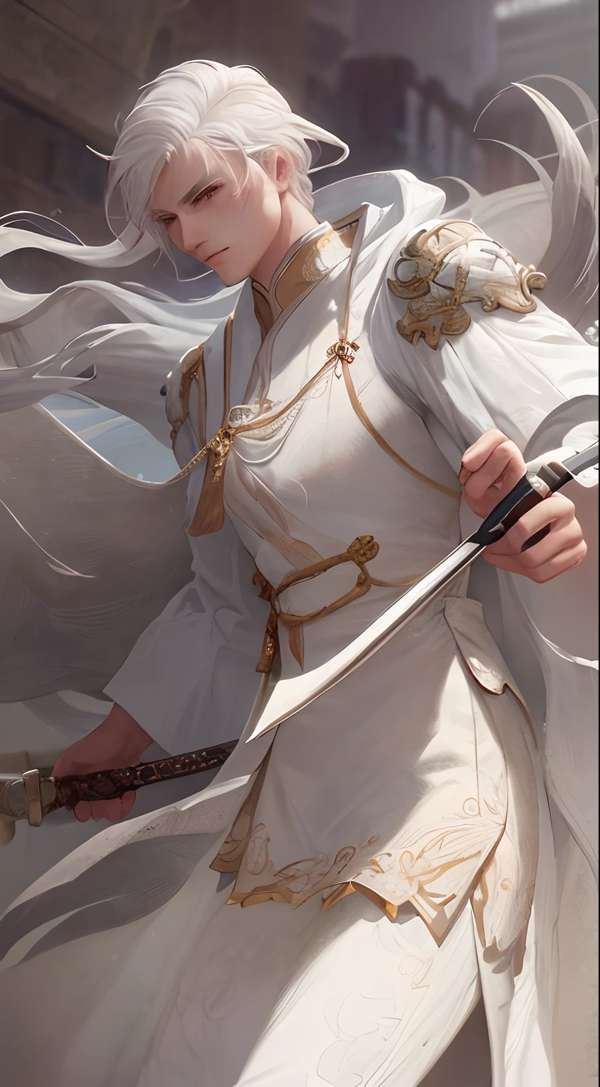 Close-up of a man in a white dress holding a sword,a character portrait by Yang J,The popularity of CGsociety,Fantasyart,Beautiful character painting,Guviz-style artwork,Guvitz,White Hanfu,Flowing white robe,full-body wuxia,epic exquisite character art,Stunning character art,Cold male assassin
