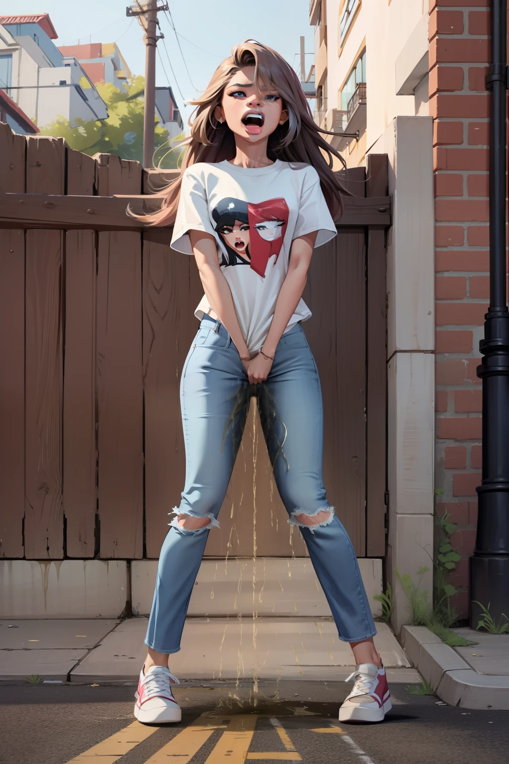 zendaya, long hair, jeans, shirt, skinny, zendaya face, upskirt, in street, have to pee, peeing self, hold pee, desperation, open mouth, swide eyes