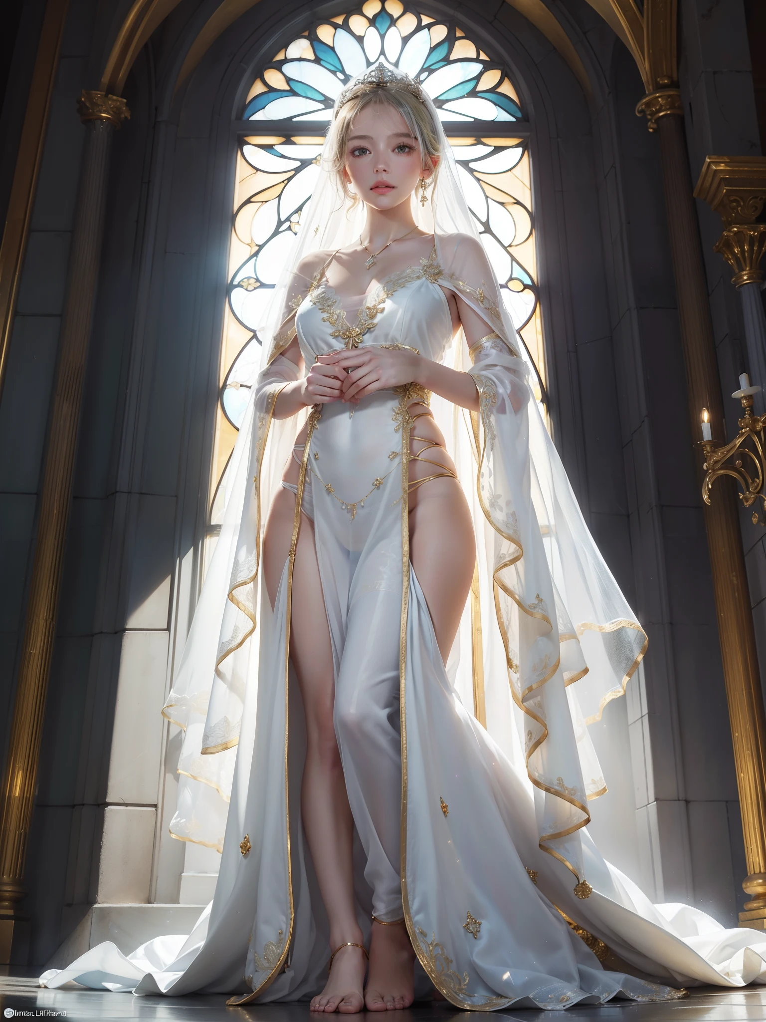 (((UHD))), (((masterpiece))), (((8k))), (((highres))), (((Surrealism))), (((cinematic lighting))), god rays, zoom layer, 1girl, f/4.0, Canon, (FULLBODY SHOT:1.4),Mary,beautiful face, detailed skin,detailed face,detailed eyes,simple yet with a sacred atmosphere,  beautiful hair ranging from pale gold to white, ,  , No Top, a white  that reflects gentle light, a  adorned with delicate decorations at the cuffs and hem, church interior,  being barefoot, a light and  veil lightly draped over her head, and a simple gold pendant around her neck, large stained glass windows lining the walls, sunlight spreading beautiful colors throughout the room, altar adorned with delicate carvings, enhancing the sacred space, pale gold and white radiance, enveloping her presence with delicate particles. Beams of soft blue-white light shine through, casting their glow