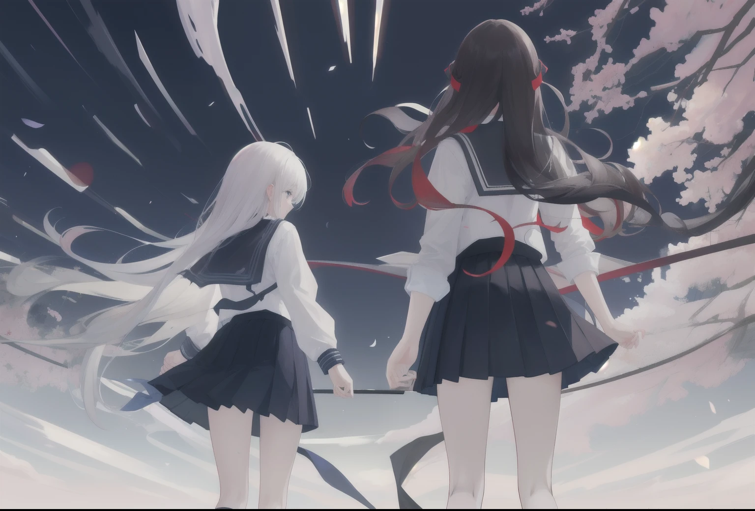 (Masterpiece:1.1), (best qualityer:1.2), A high resolution, Original, extremelydetailedwallpaper, , arms back behind, asymmetrical docking, Very long hair, 2girls, school uniform, Bare legged