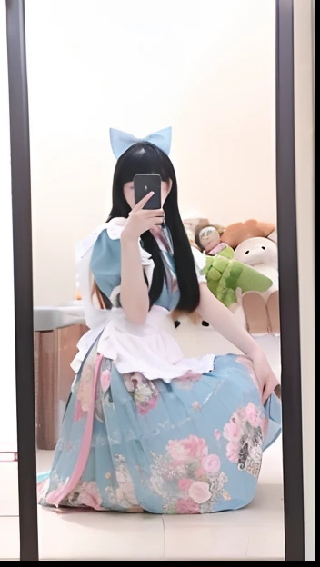 there is a woman that is taking a picture in a mirror, , cosplay of a catboy! maid! dress, 2263539546], sakimichan, like alice in wonderland, angelic pretty, 1285445247], maid outfit, belle delphine, small curvy loli