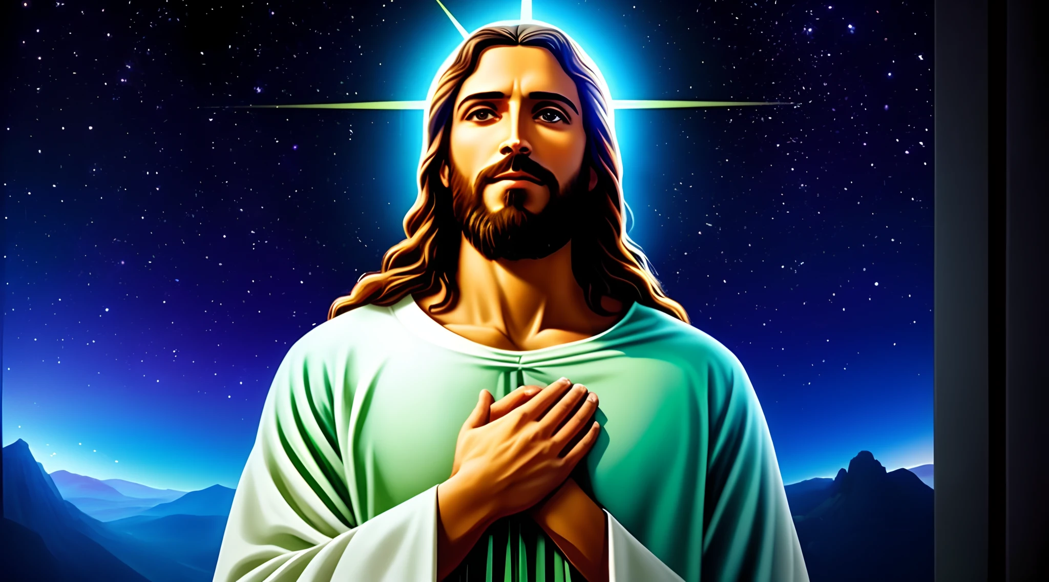 Imagem de jesus cristo orando, jesus maximum detail, jesus realista, jesus is speaking to god the creator, Jesus has a joyful face, maximum quality, pele perfeita e realista, pele sem mancha, Ambient lighting, jesus ultrarrealista.
