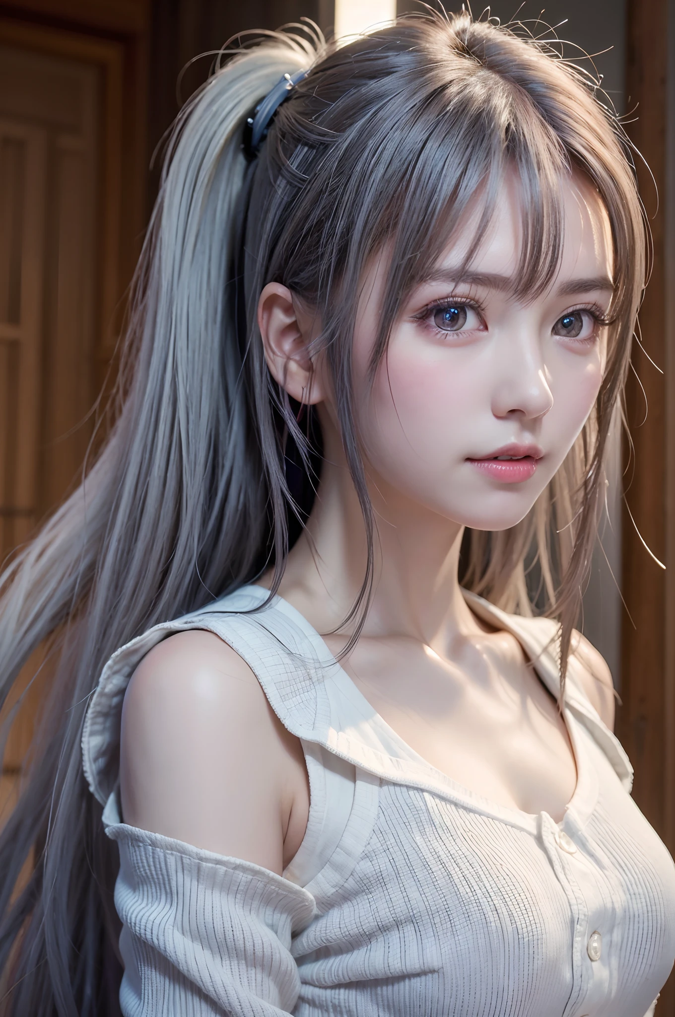 top-quality、8K Masterpiece、超A high resolution、(Photorealsitic:1.3)、Raw photo、女の子1人、silver white hair、poneyTail、glowy skin、1 super beautiful college girl、((super realistic details))、portlate、globalillumination、Shadow、octan render、8K、ultrasharp、highly intricate detail、Realistic light、CGSoation Trends、Beautiful eyes、radiant eyes、Facing the camera、