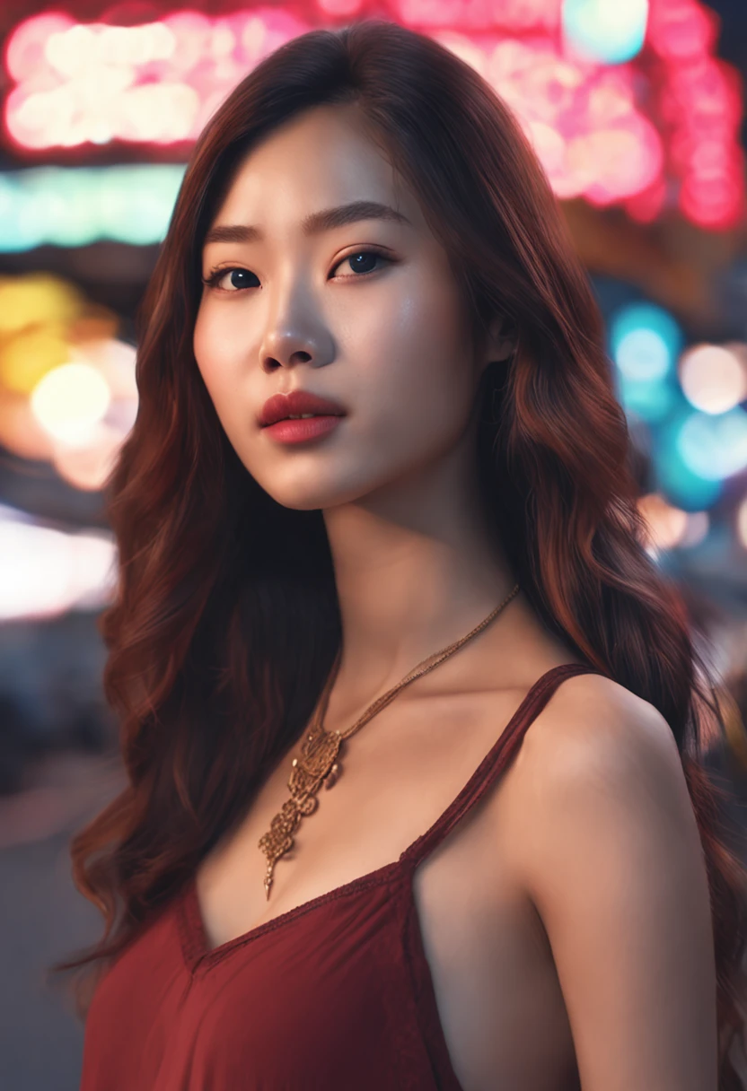 araffe woman with long hair and a necklace standing on a street, a picture by Ni Tian, trending on cg society, digital art, south east asian with round face, 8k artgerm bokeh, detailed face of a asian girl, soft portrait shot 8 k, a young asian woman, an asian woman, beautiful asian woman