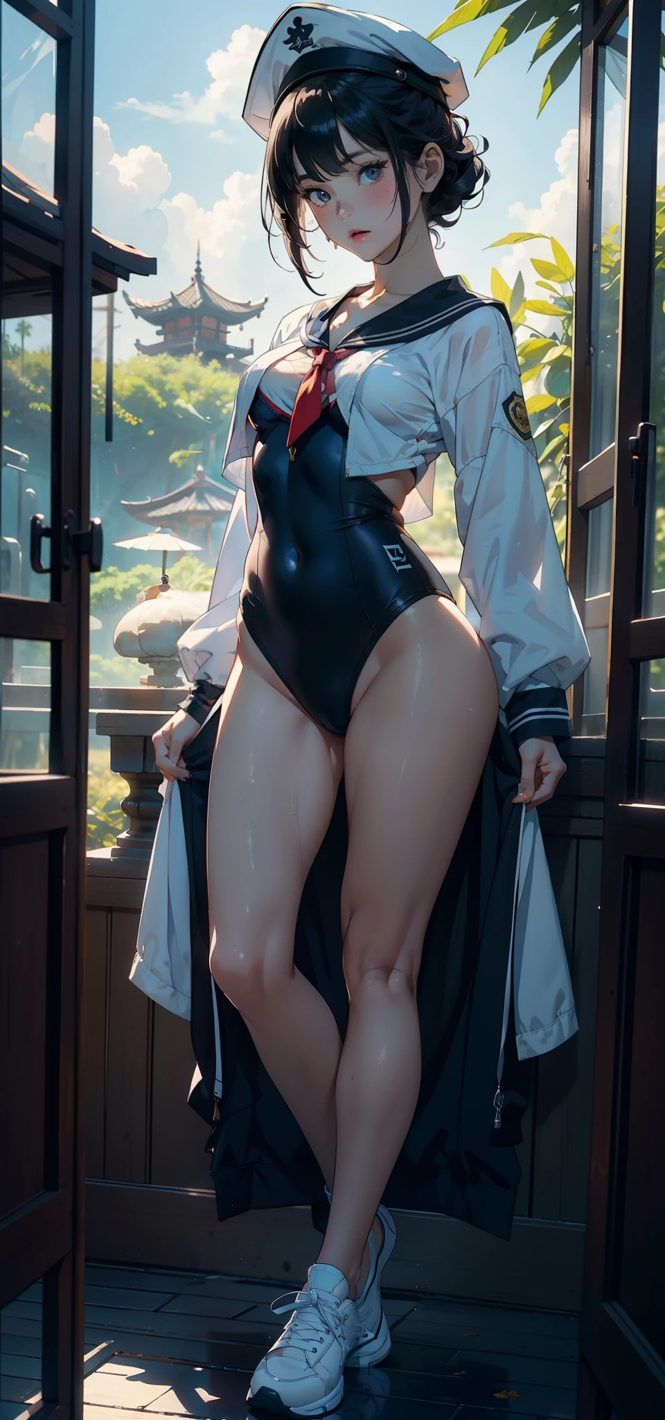 1 female,,bit girl,Small loli,huge-bted,Pornographic exposure, 独奏,(Background with:bamboo forrest,lotuses,lotus flower,exteriors,Lotus pond) She has short black hair,Qi bangs,Doll head,Station,Sweat profusely,drenched all over the body,,seen from the front, hair straight, mostly cloudy sky,(((tmasterpiece),(Very detailed CG unity 8K wallpaper),best qualtiy,cinmatic lighting,detailed back ground,beatiful detailed eyes,Bright pupils,Black eyes,(Very fine and beautiful),(Beautiful and detailed eye description),ultra - detailed,tmasterpiece,)),facing at camera,A high resolution,ultra - detailed),revealing breasts,Bare genitalia, Bulge,legs are open,Raised sexy,Camel toes,Flushed complexion,Open-mouthed,frontage,elementary student,Sailor's cap(Wearing:Sailor uniform,one piece swimsuit,athletic sneakers,nakeness)Full body photo,Show shoes