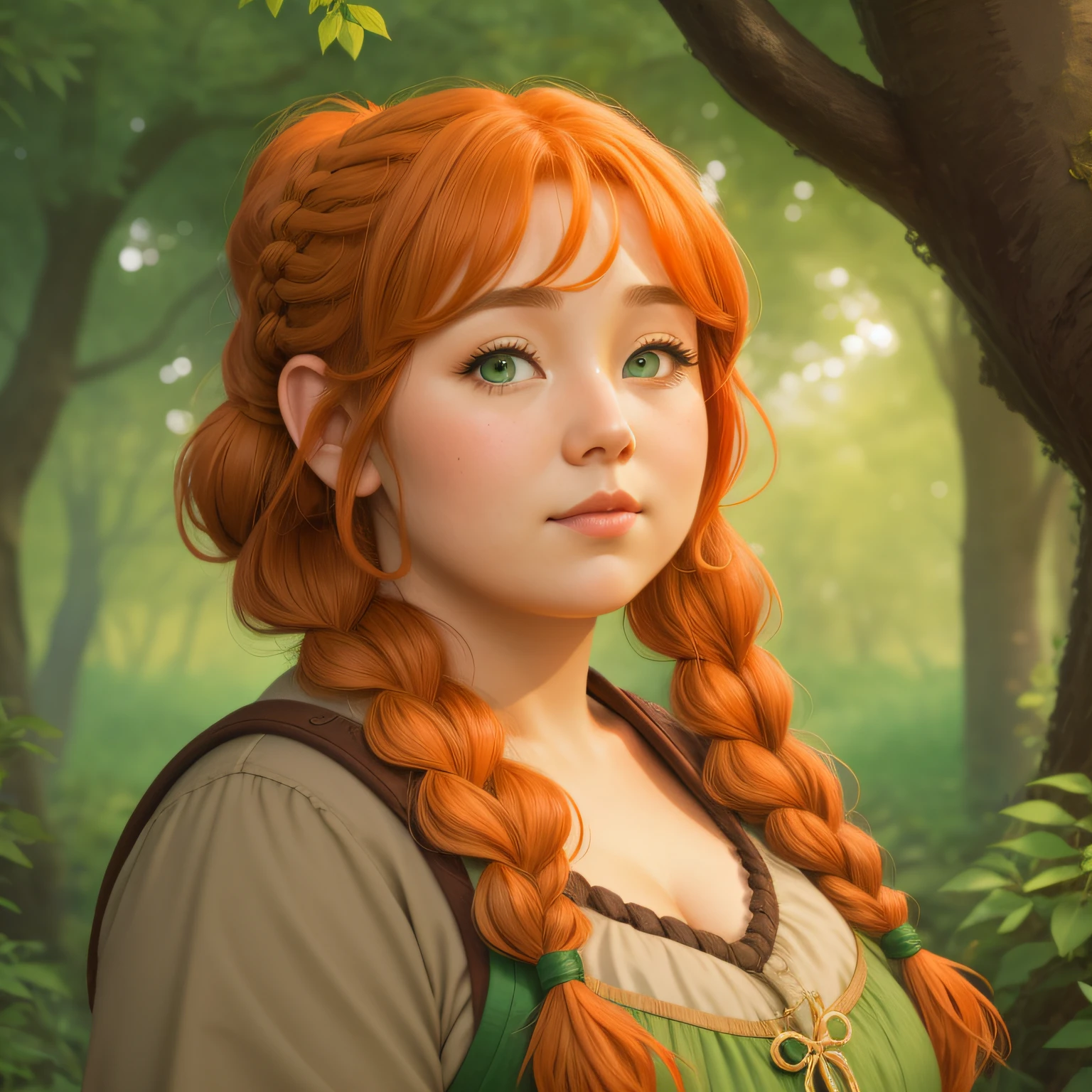 a female chubby druid dwarf with orange hair tied in two braids, gentle green eyes, rosy cheeks
