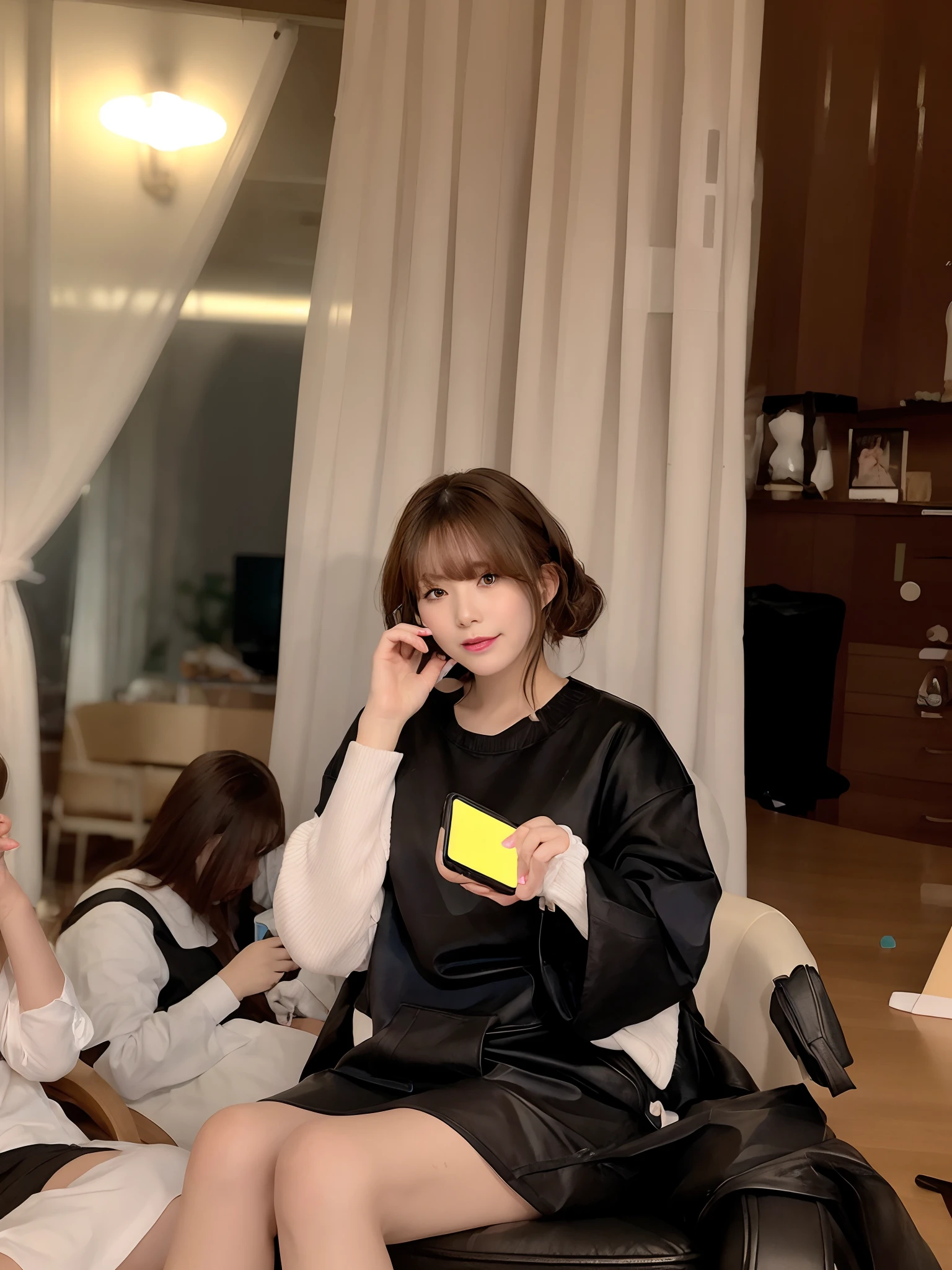 there is a woman sitting in a chair talking on a cell phone, low quality photo, 😭 🤮 💕 🎀, very very low quality picture, 🤬 🤮 💕 🎀, 8k!!, captured on iphone, with index finger, chiho, photo on iphone, taken in the early 2020s, profile picture, blurry image, 8k!