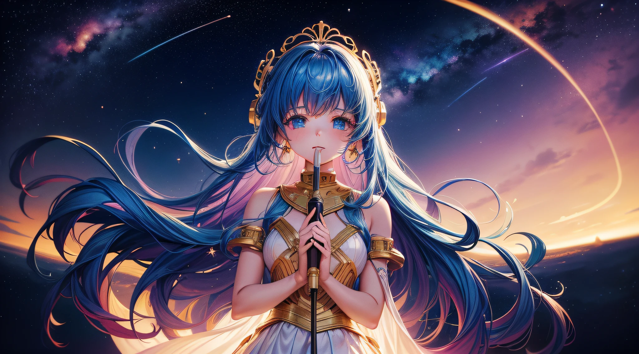 Cosmic and Musical Wonder Scene, cena deslumbrante de uma bonita, with flowing hair, Standing on a floating platform in outer space. Ela olha para o planeta Terra, suspenso majestosamente no cosmos escuro. The universe around you is a riot of cosmic colors, bright stars and ethereal nebulae. Ao seu lado, musical instruments float in space, emitindo ondas de luz e som. The girl seems to be conducting an intergalactic symphony, while the musical notes intertwine with the celestial orbits, creating a unique visual and sound harmony.
