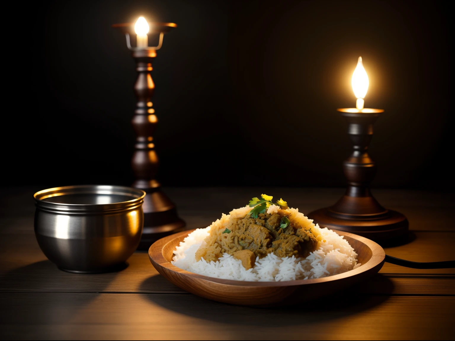 a Vintage Oil Lamp top of the wood table and that side there two separated bowl have some Bengali food dish like steamed rice with ghee, deep friedbig hilsha fish , gurnished with green coriender leaf, looks like proffetional cheaf cooked, hard light, Ultra realistic detail, food photography, aesthetic product photography, background dark mud stove fill the background,blacked moody tone, RAW, world class best photography,backgroundblur,intense gaze,captured by Sony Alpha a7 Illcamera with Sony FE 24-105mm f/4 G OSS lens*