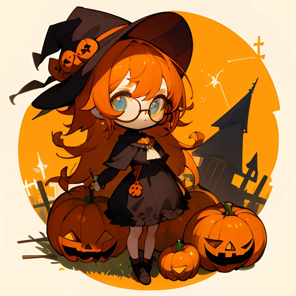 top-quality,Best Quality,Original Characters,Beautiful and detailed eyes,Chibi Chara,round big eyes,(Round small glasses),Eye color is the color of the sea,wearing hat,(Orange hair color),Halloween,Large pumpkin on the background,