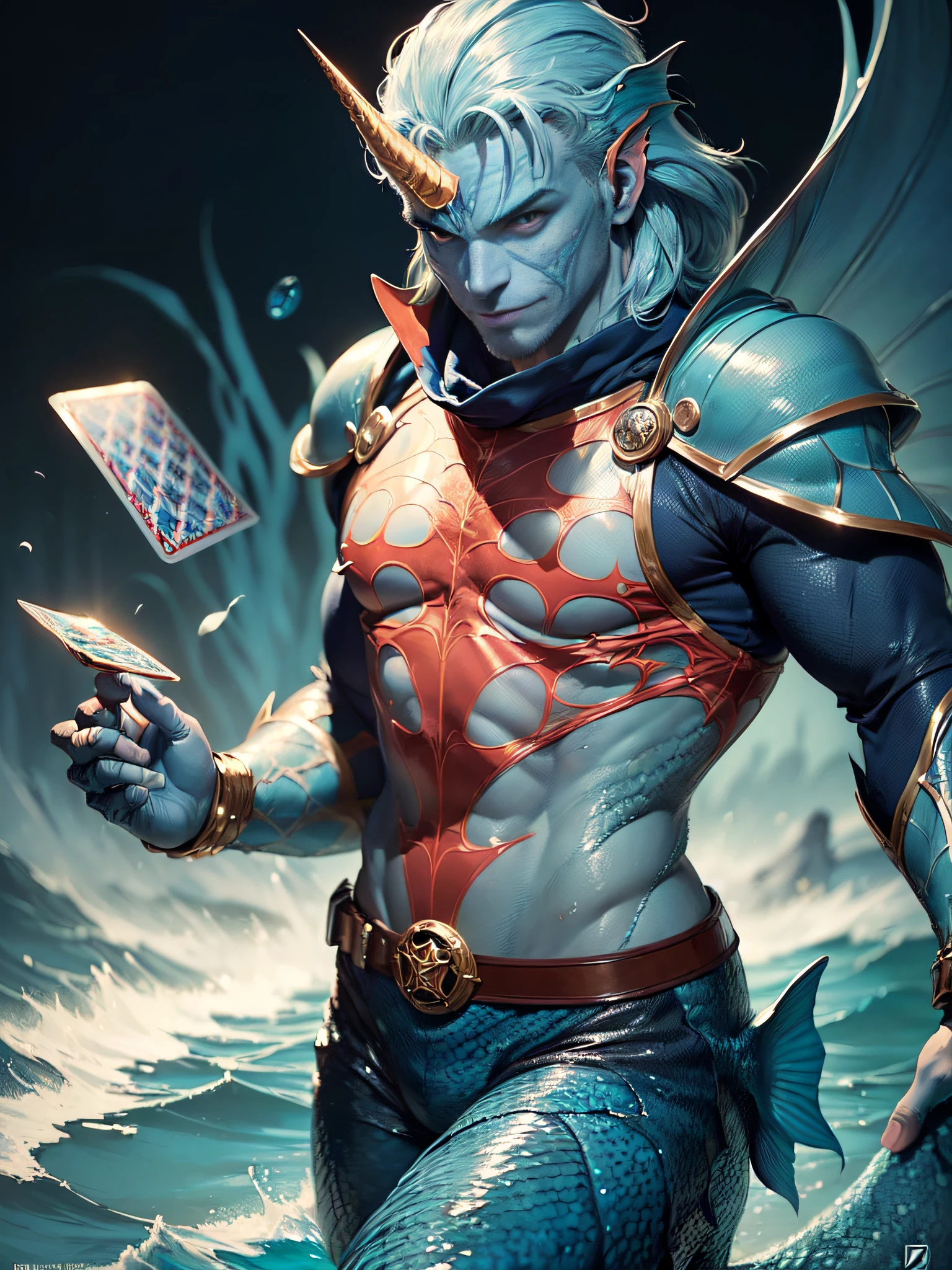 (superfine illustration, Best Quality, Ultra-detailed, Correct delineation, medieval fantasy), (fish-man, young duelist, male focus, solo, scale skin, protective blue skin, Perfect fingers, Perfect webbed hands, fish tail legs:1.5), feel uplifted, deep sea as background,Triton