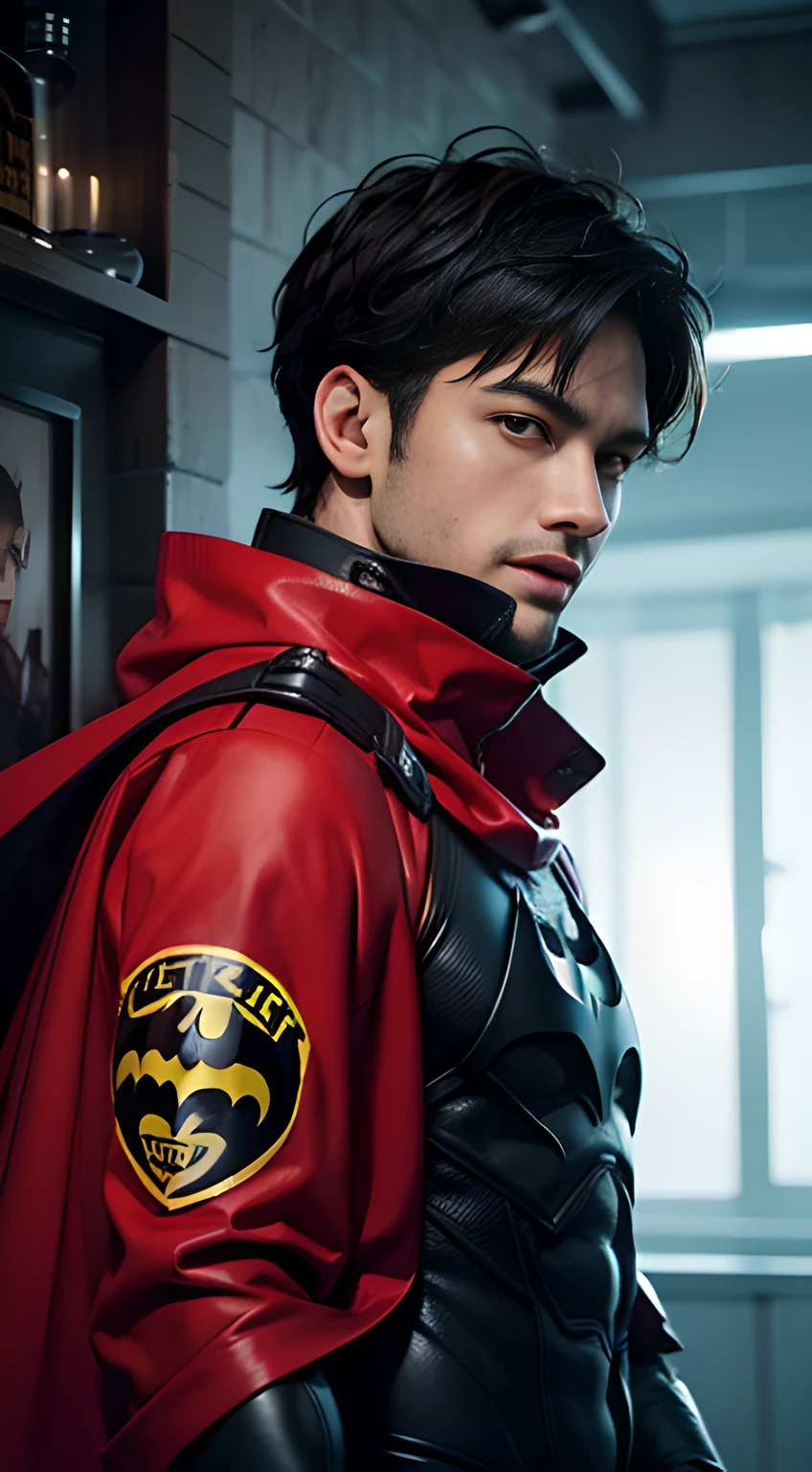 ((Men only)), (head shot), (face only), (), (handsome muscular man in his 20s), (batman), (Batman's appearance is characterized by a red cowl, cape, and suit, adorned with a red distinctive bat emblem, exuding an aura of dark vigilance and mystery), (Neymar), (Mischievous smile), (detaile: 1 in 1), Natural muscles, HIG quality, beautidful eyes, (Detailed face and eyes), (Face、: 1 / 2), Noise, Real Photographics、... .................................................................................................................PSD, Sharp Focus, High resolution 8K, realisitic & Professional Photography, 8K UHD, Soft lighting, High quality, Film grain, FujifilmXT3