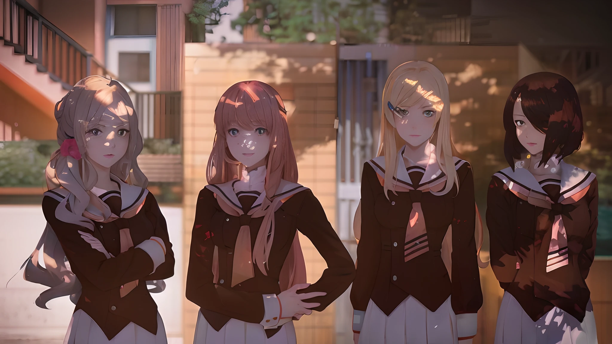Three anime girls in school uniforms stand in front of a building, digital anime illustration, visual novel key visual, visual novel cg, smooth anime cg art, girls frontline style, anime styled digital art, Doki Doki Literary Club, digital anime art, style anime, As fate/stay night, screenshot from the anime film, Anime is still, girls frontline cg