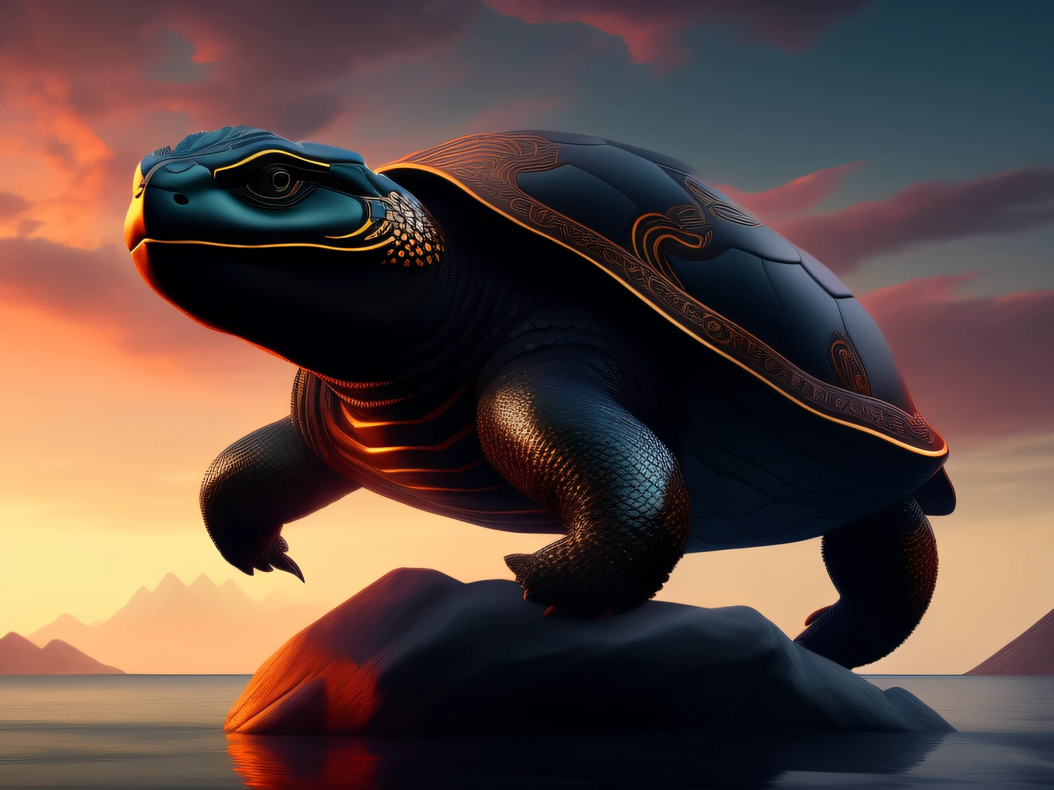 tmasterpiece,CG animation in 8K resolution,absurd res,Inspired by the Classic of Mountains and Seas,Chinese mythology and stories,mythological creatures,The black turtle has the head of a bird and the tail of a snake