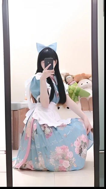 there is a woman that is taking a picture in a mirror, loli, cosplay of a catboy! maid! dress, 2263539546], sakimichan, like alice in wonderland, angelic pretty, 1285445247], maid outfit, belle delphine, small curvy loli