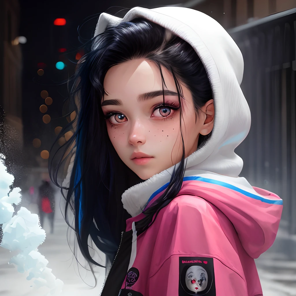 one-girl,Hair over the shoulder,Has powder, blue and black hair,largeeyes,The pupils are tan,Pink eye shadow,There is a small mole under the eyes,White and tender skin,a picture