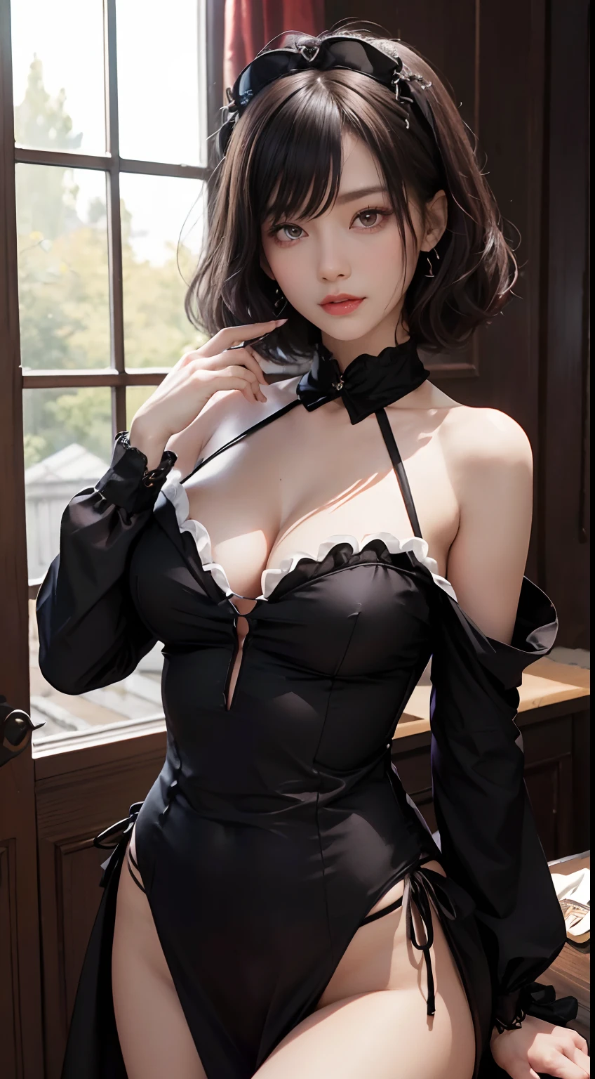 extra detailed face，Top image quality、Black Maid Outfit、in a house、A dark-haired、Outstanding style、Sexy thighs，exposing the abdomen ,((Clothes with less fabric))，photographrealistic、long、Red and excited cheeks、((The eyes are confused and seductive))、short-hair、Yurina Hiraide