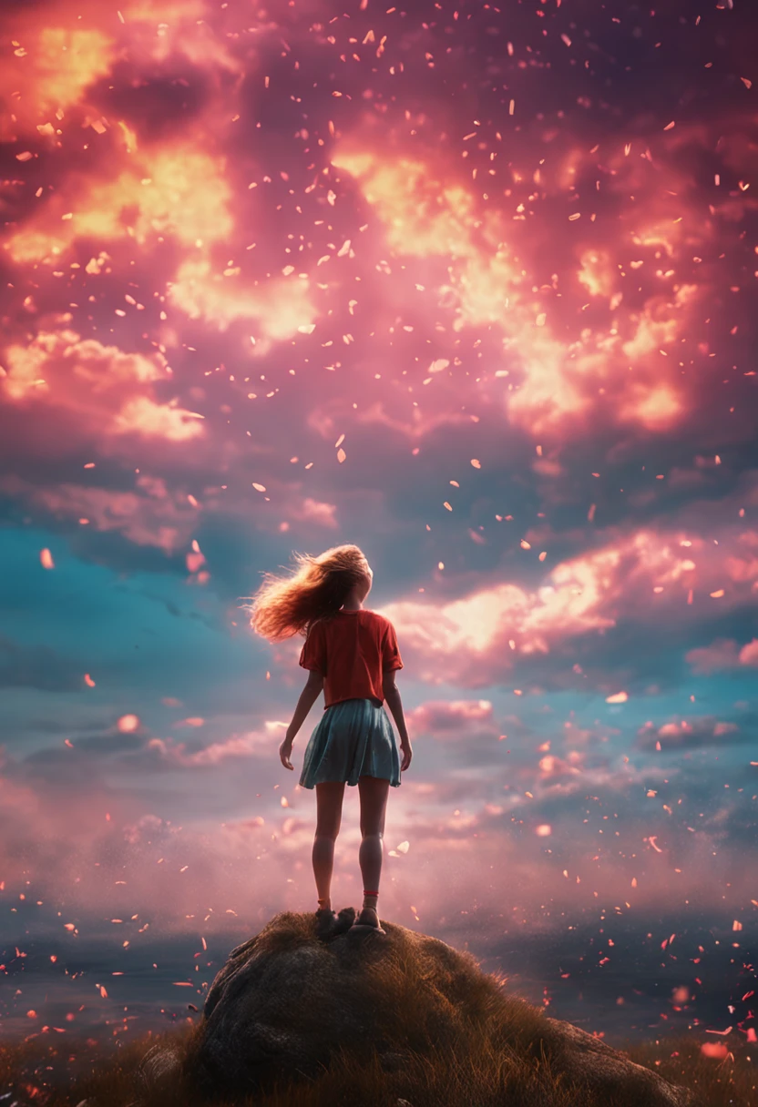 masterpiece, best quality, movie still, 1girl, cloud girl, floating in the sky, close-up, bright, happy, warm soft lighting, sunset, (sparks:0.7)