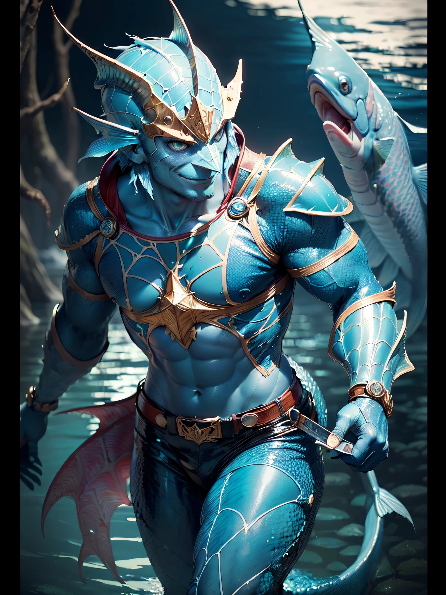 (superfine illustration, Best Quality, Ultra-detailed, Correct delineation, medieval fantasy), (fish man, duelist, male focus, solo, scale skin, protective blue skin, Perfect fingers, Perfect webbed hands, :1.5), smirk at viewer, feel uplifted, deep sea as background, narwhal horn at forehead,