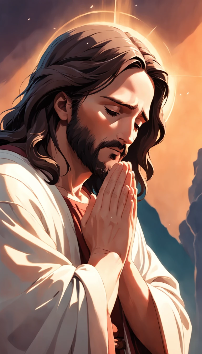 "Criar uma imagem de Jesus no perfil, depicted in the act of prayer with hands clasped."