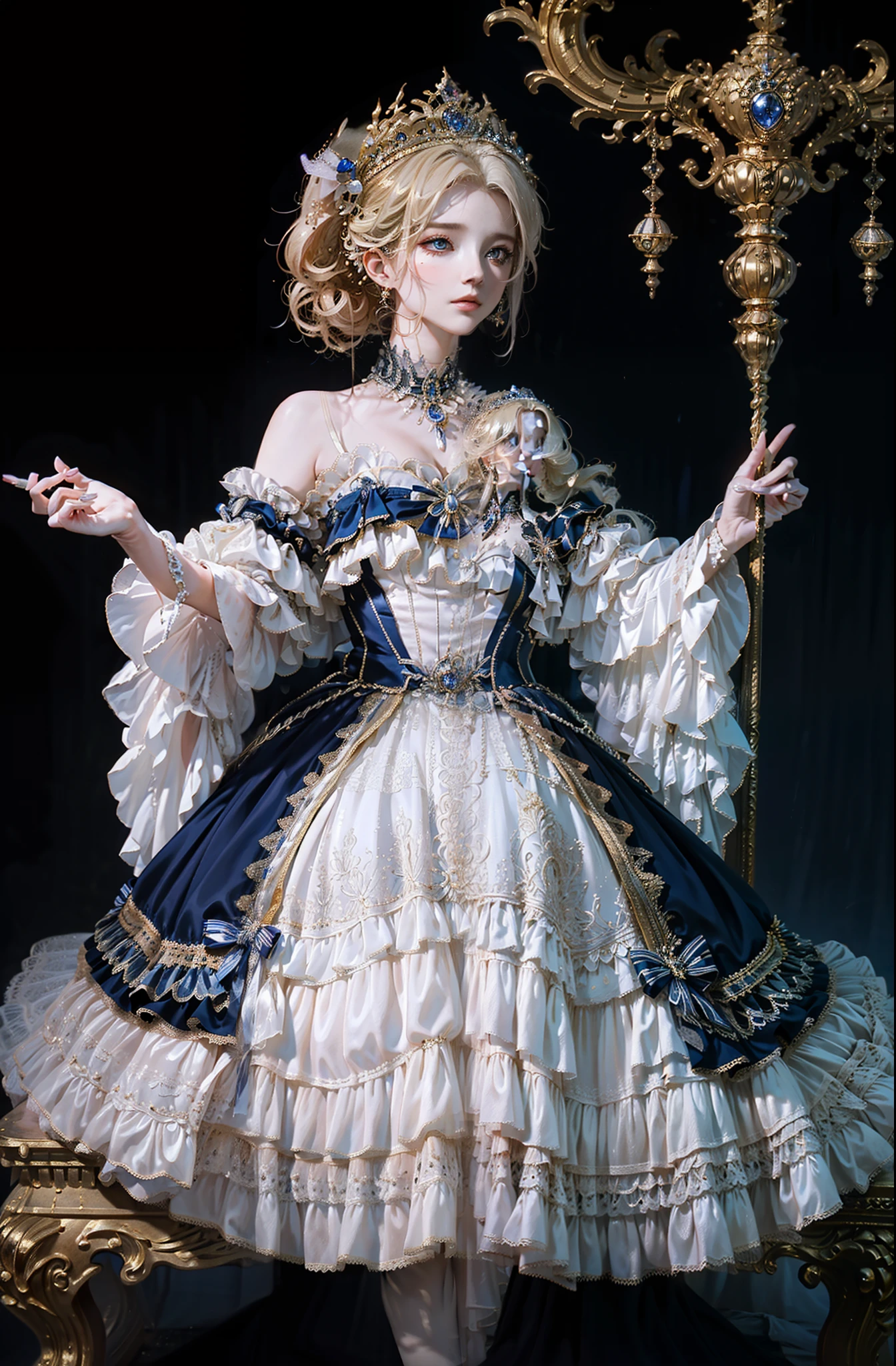 ((top-quality、​masterpiece、photographrealistic:1.4、in 8K))、Blonde Beauty、delicate and beautiful face、（Luxury dresses in the style of medieval Europe、Princess）、Luxury accessories、European-style castle、Cinematic lighting、Textured skin、Super Detail、high detailing、High quality、hight resolution