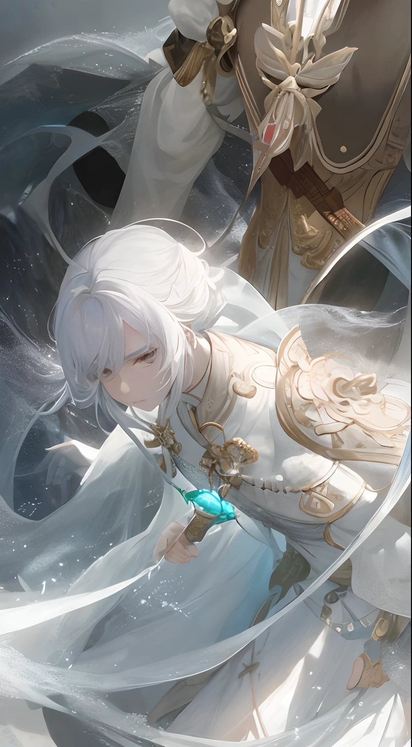 Close-up of a man in a white dress holding a sword，a character portrait by Yang J，The popularity of CGsociety，Fantasyart，Beautiful character painting，Guviz-style artwork，Guvitz，White Hanfu，Flowing white robe，full-body wuxia，epic exquisite  character art，Stunning character art，Cold male assassin
