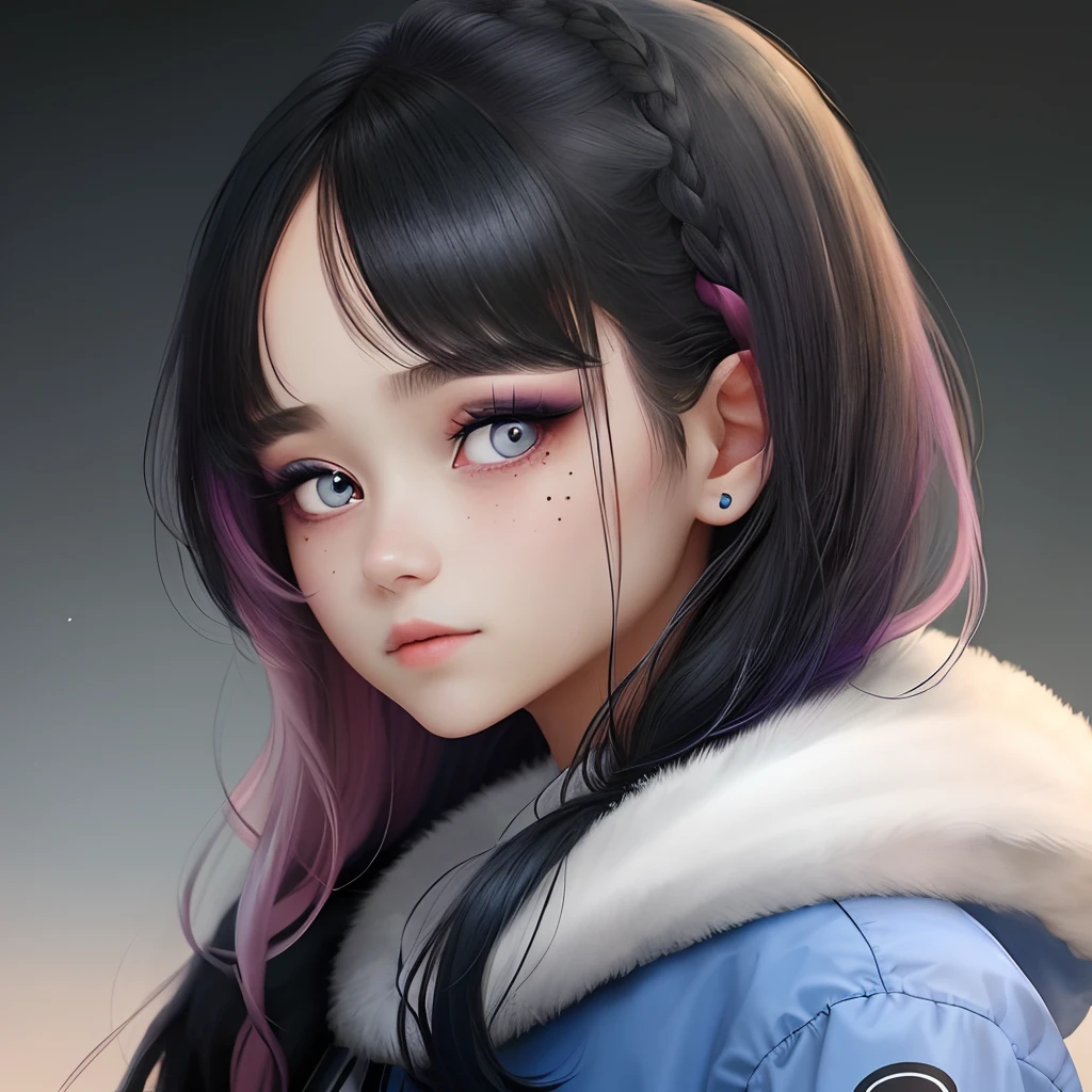 one-girl，Hair over the shoulder，There is powder, Blue and black hair，largeeyes，The pupils are brown，Pink Eye Shadow，There is a small mole under the eye，White and tender skin，A picture