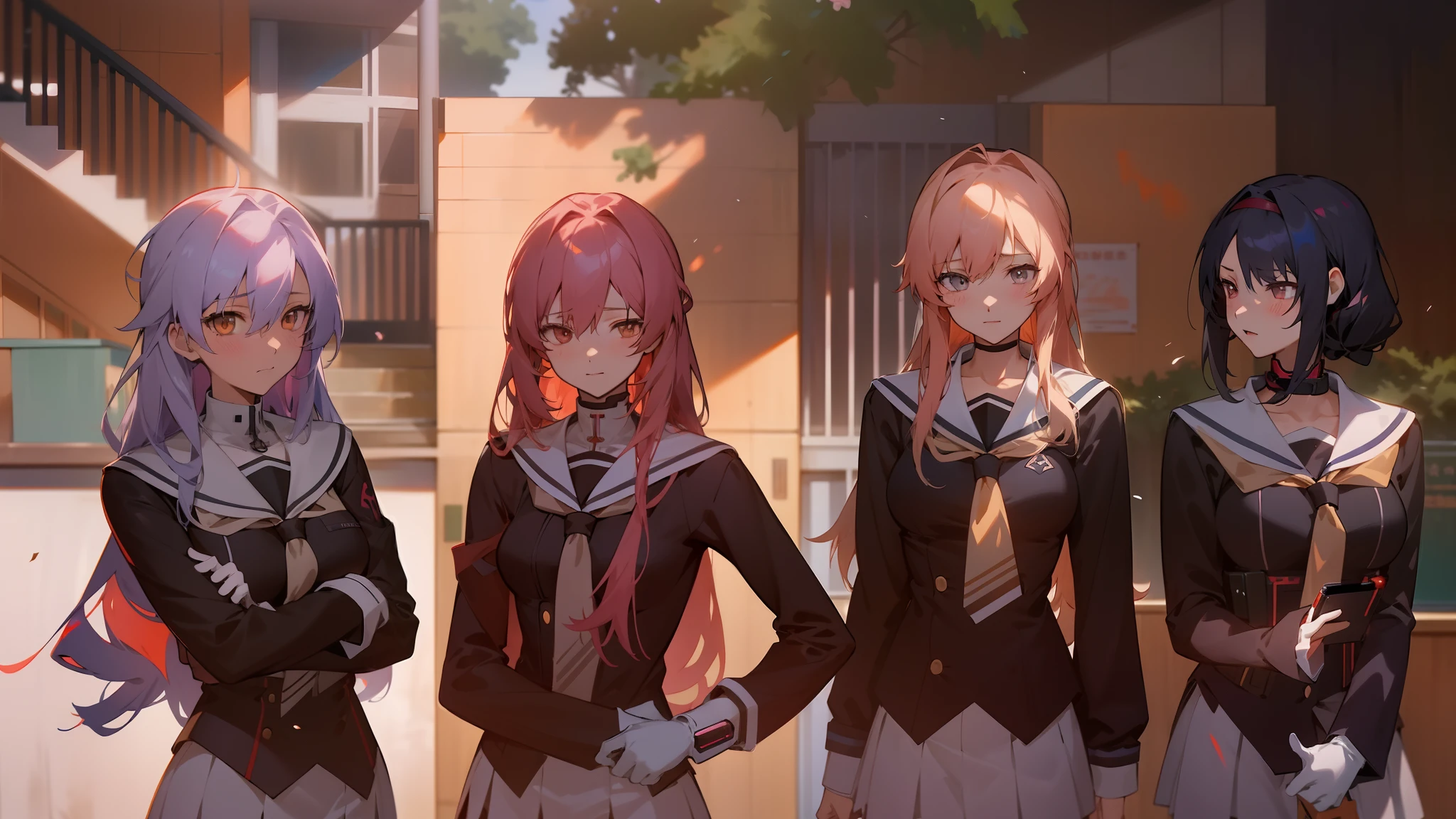 Three anime girls in school uniforms stand in front of a building, digital anime illustration, visual novel key visual, visual novel cg, smooth anime cg art, girls frontline style, anime styled digital art, Doki Doki Literary Club, digital anime art, style anime, As fate/stay night, screenshot from the anime film, Anime is still, girls frontline cg