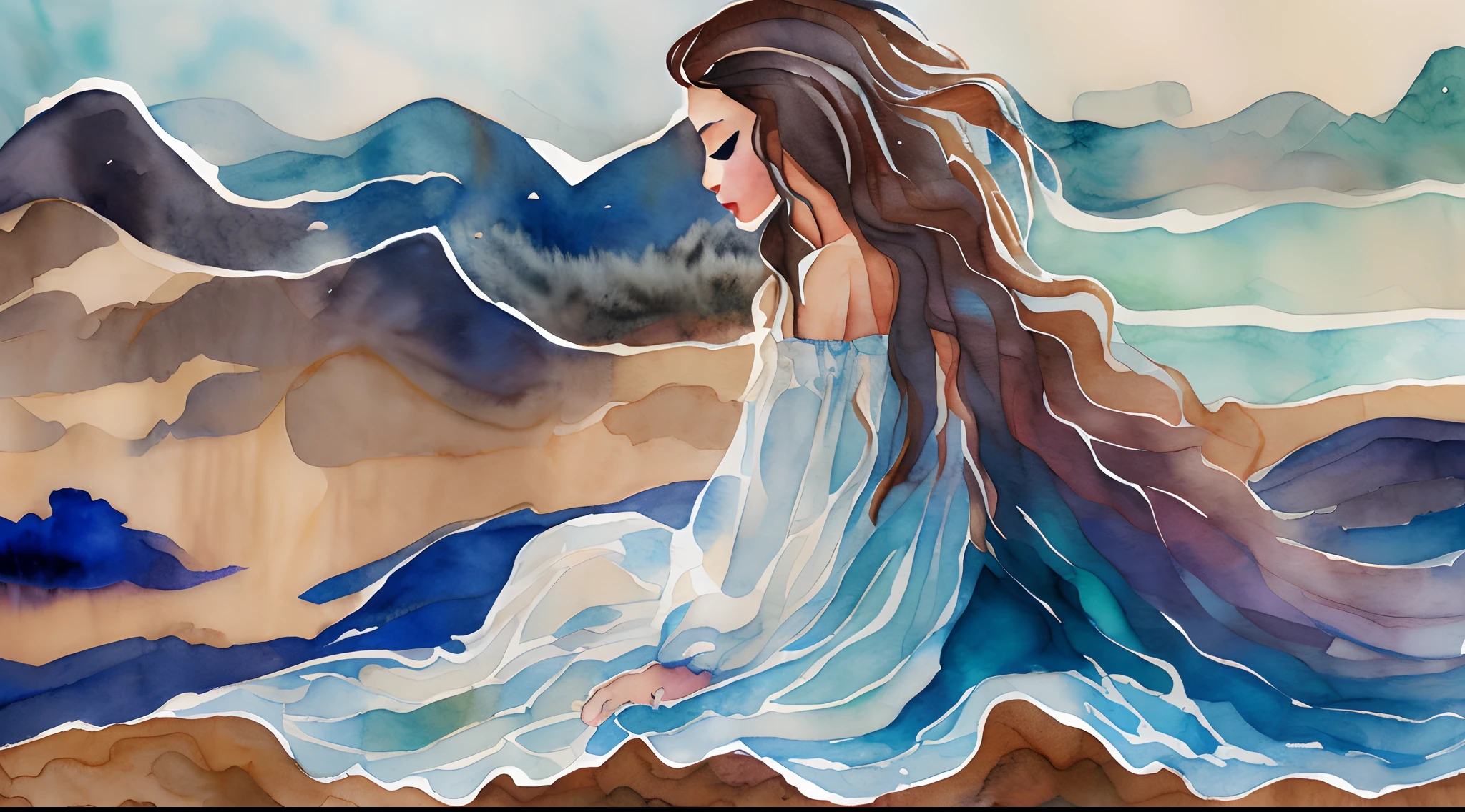 masterpiece, minimalistic graphic art, ((watercolors)),((brushstrokes)), aquarel painting of the most beautiful woman sitting on the beach watching the sea, white ((transparant see-through dress)) flowing in the wind, long blond hair flowing in the wind, white background, backlight, volumetric lighting
