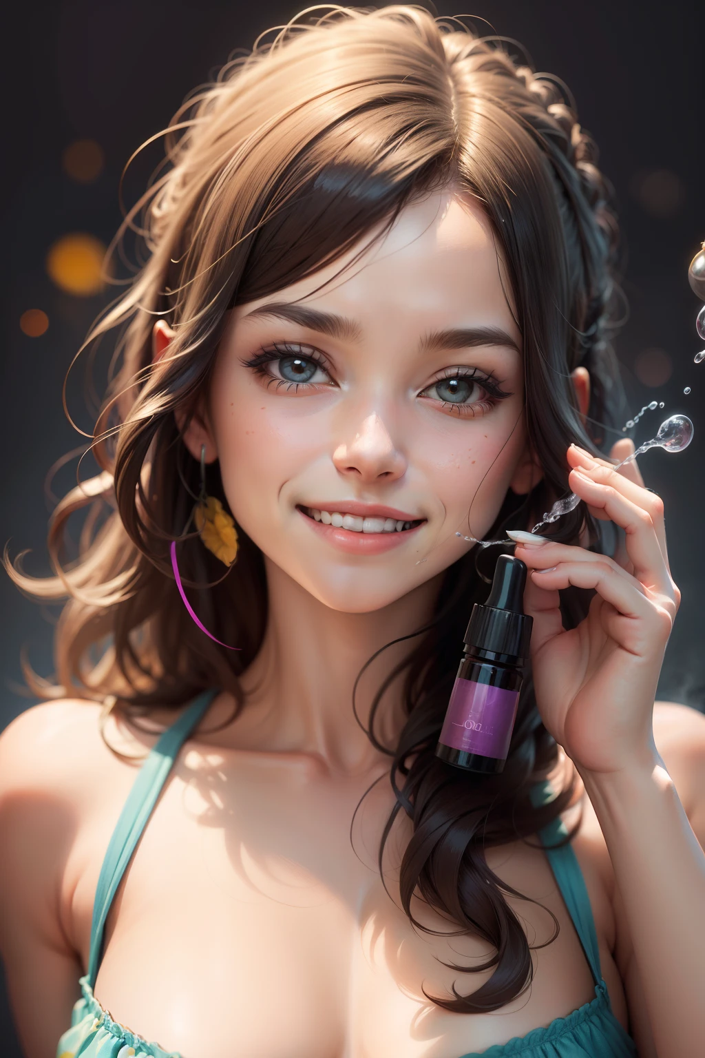 woman inhaling essential oils, cheerful face, multicolored background conveying the idea of peace and softness